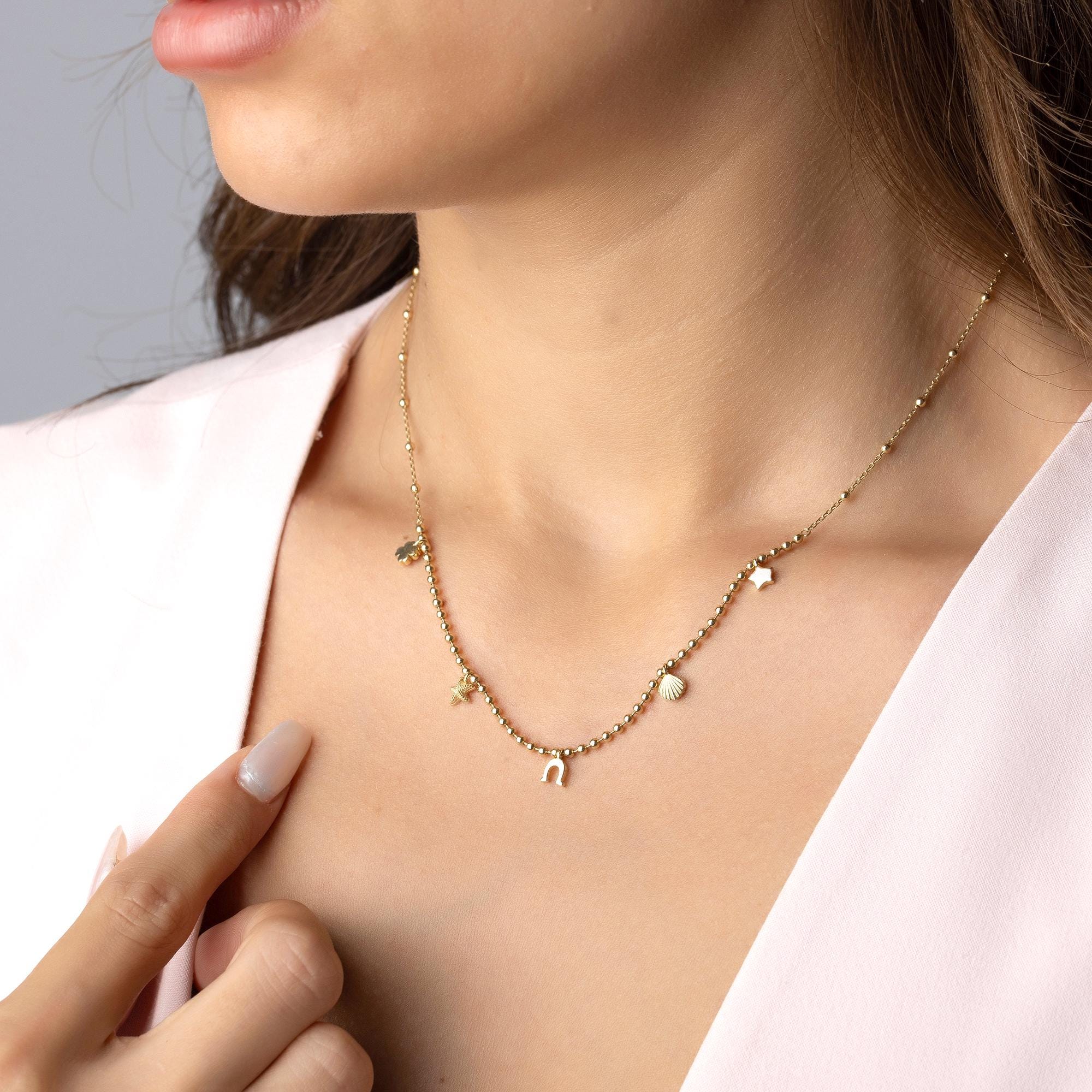 14K Solid Gold Charm Necklace - Lucky Symbols Pendant,