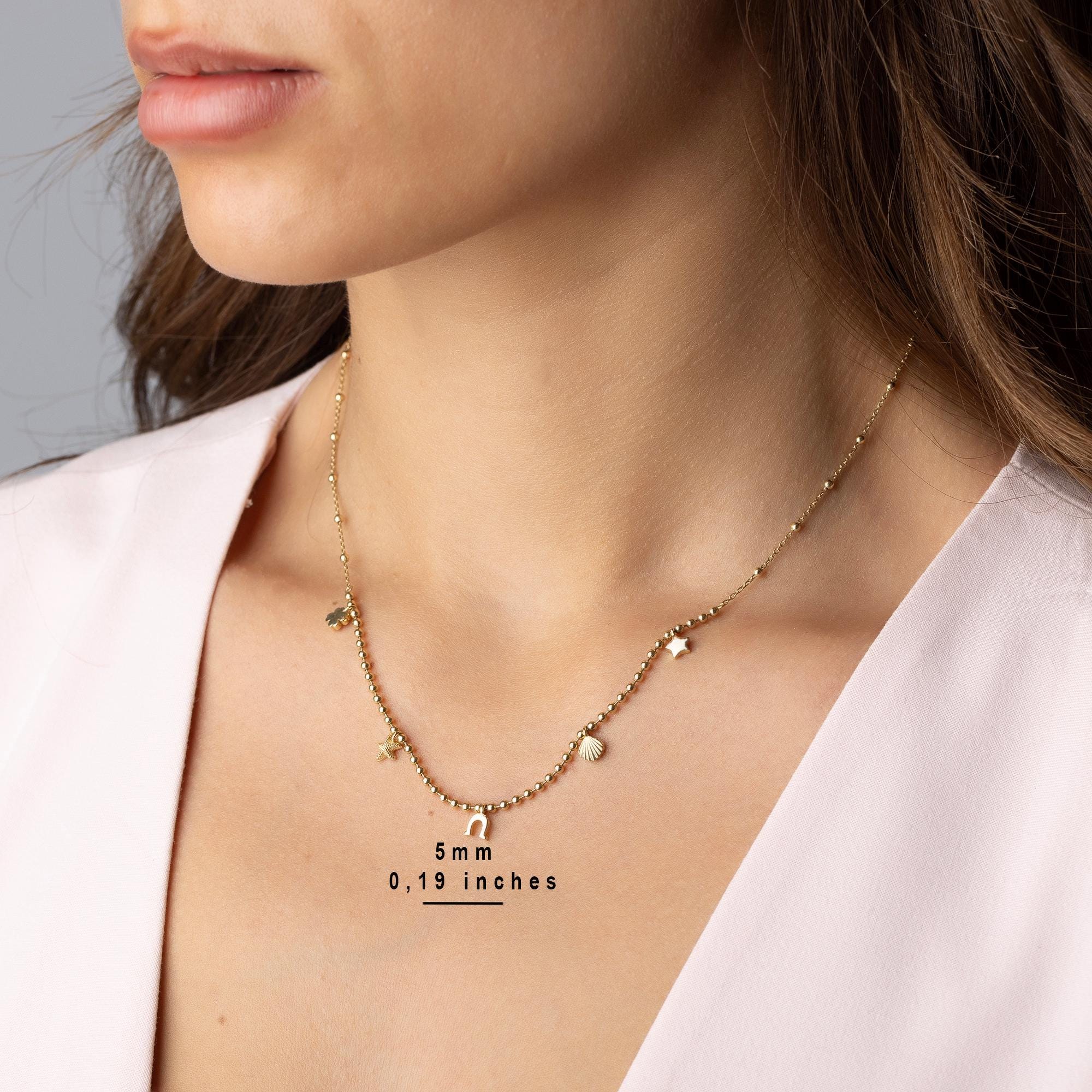 14K Solid Gold Charm Necklace - Lucky Symbols Pendant,