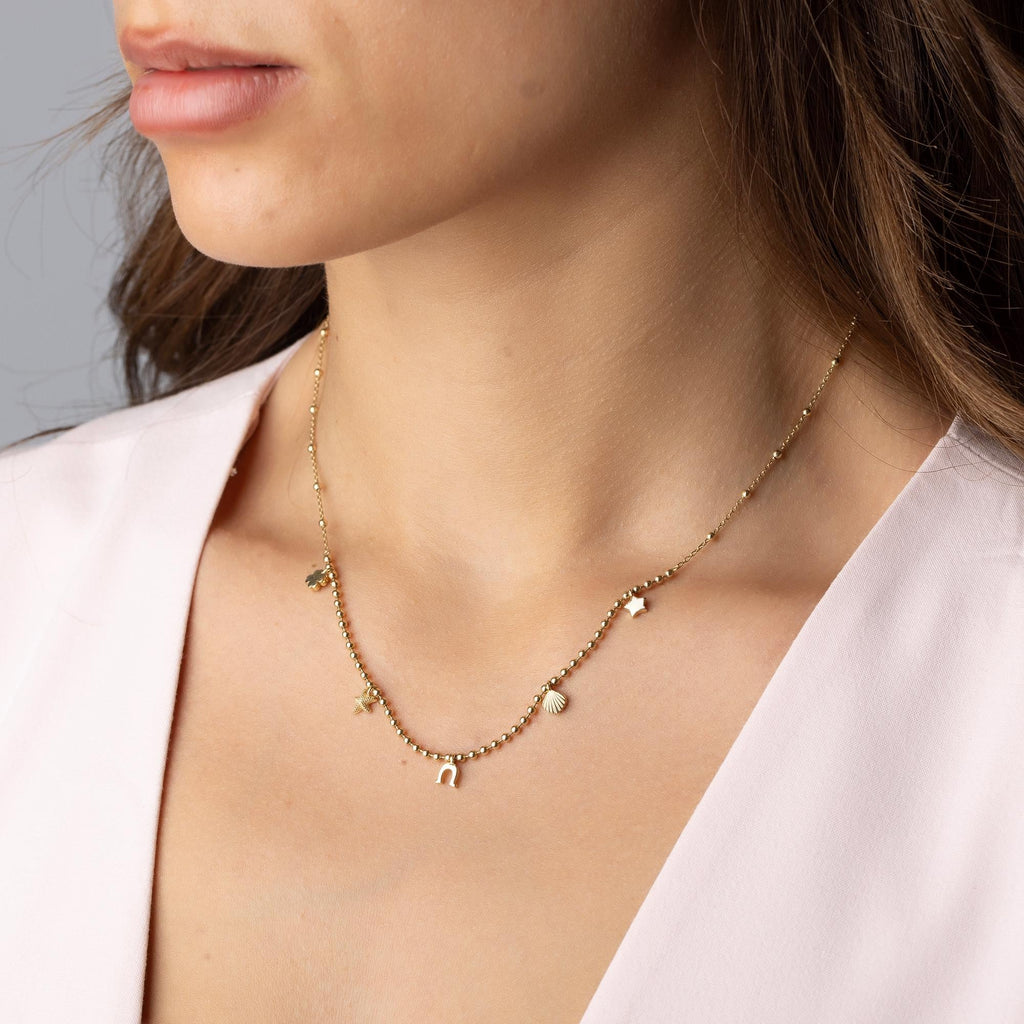 14K Solid Gold Charm Necklace - Lucky Symbols Pendant,