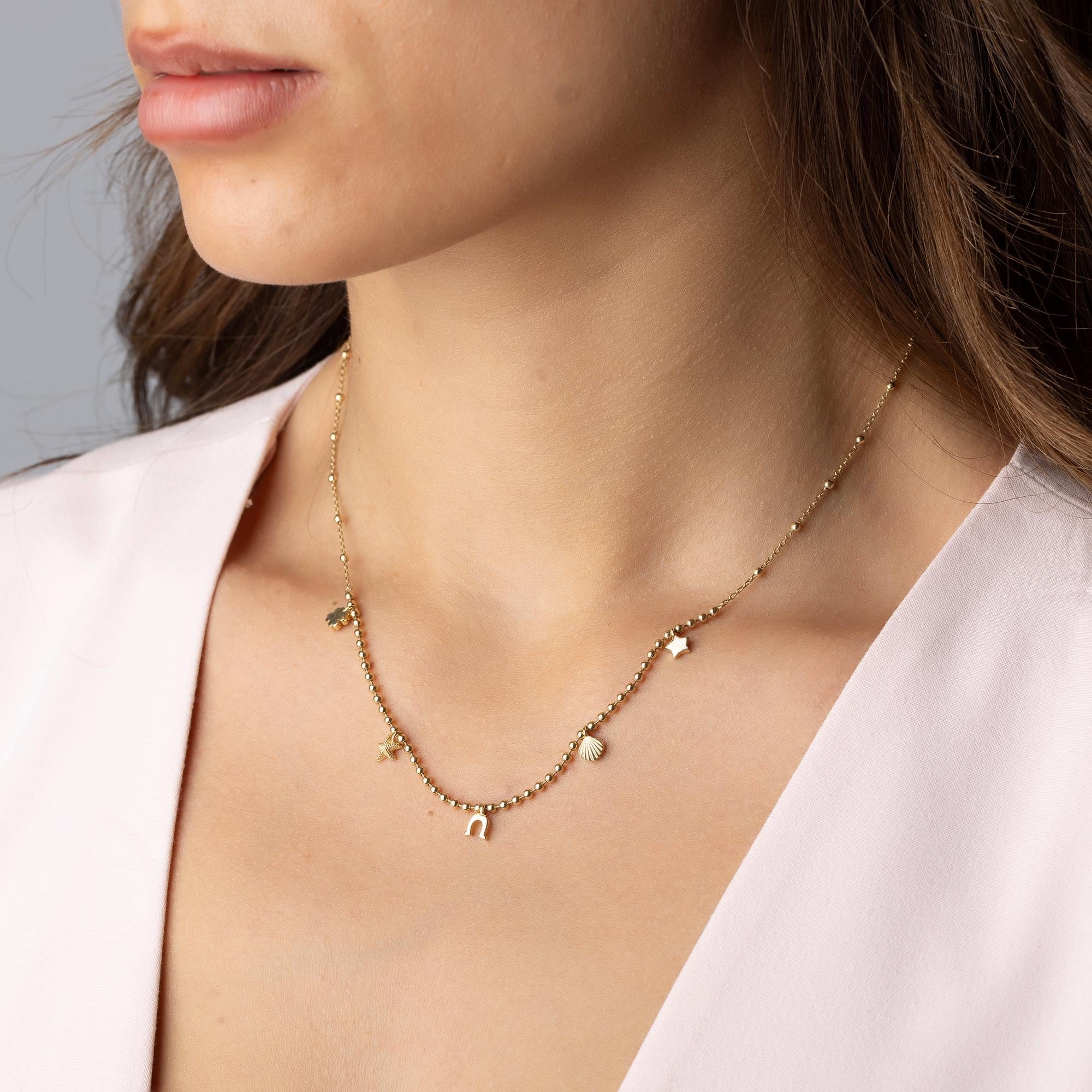 14K Solid Gold Charm Necklace - Lucky Symbols Pendant,