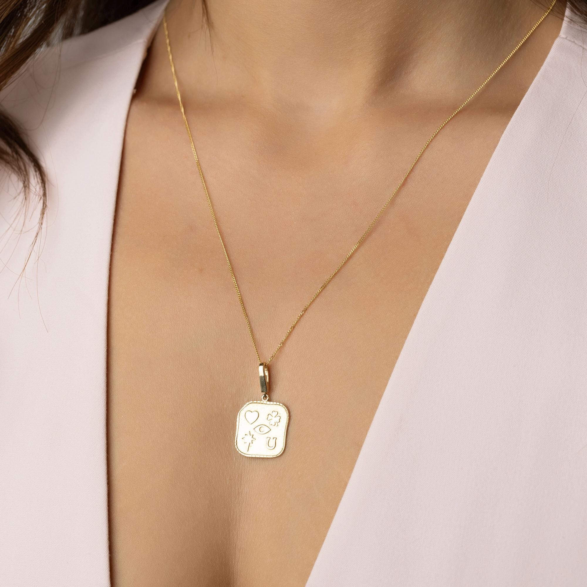 14K Solid Gold Lucky Symbols Necklace - Meaningful Life Charm Pendant