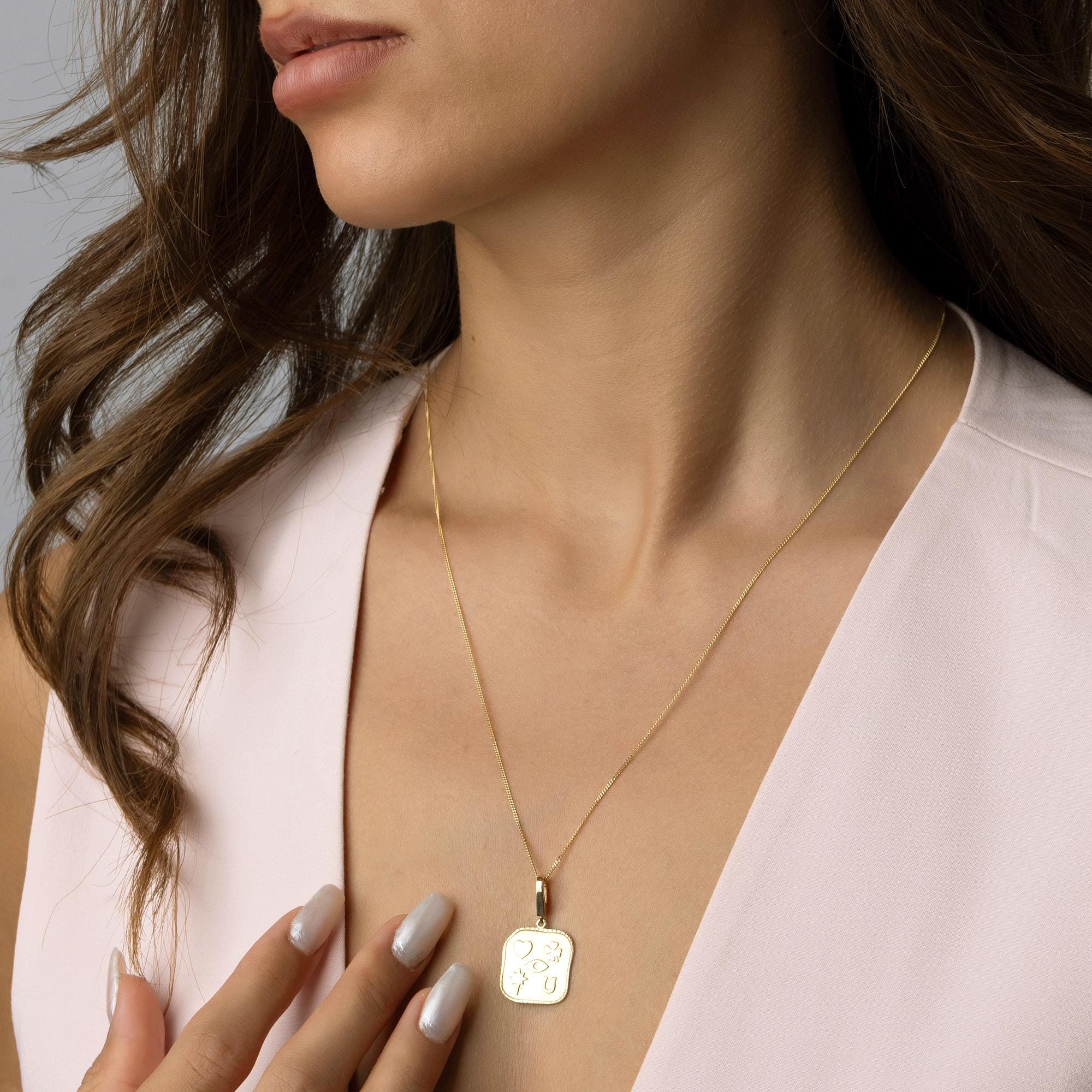 14K Solid Gold Lucky Symbols Necklace - Meaningful Life Charm Pendant