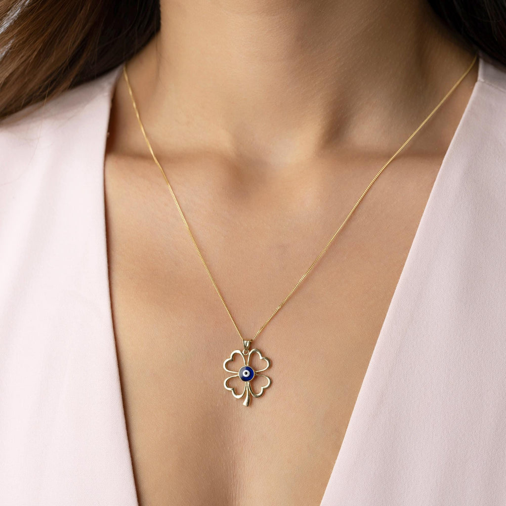 14K Solid Gold Four Leaf Clover Necklace - Lucky Charm Jewelry