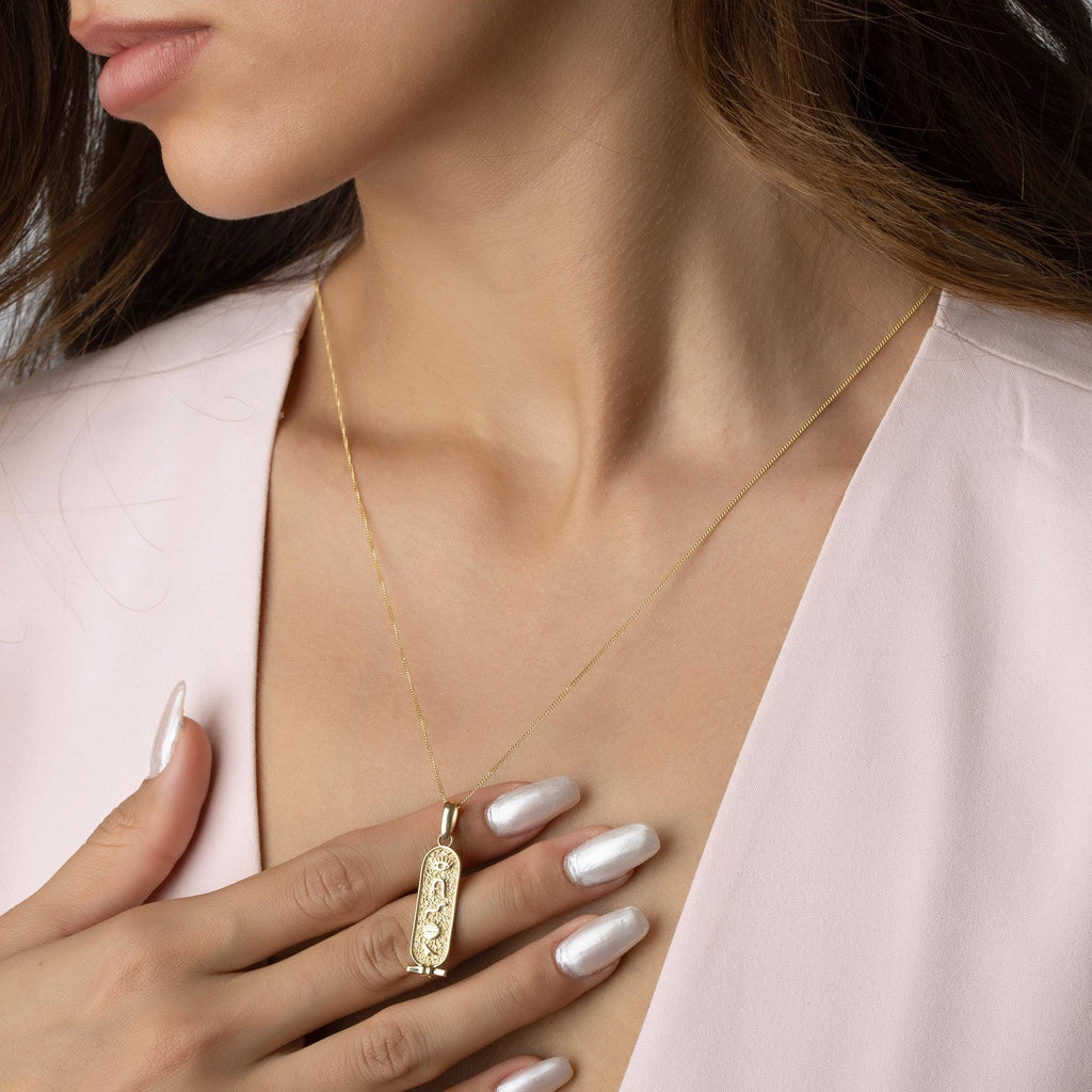 14K Solid Gold Egyptian Cartouche Necklace - Ancient Symbol Pendant