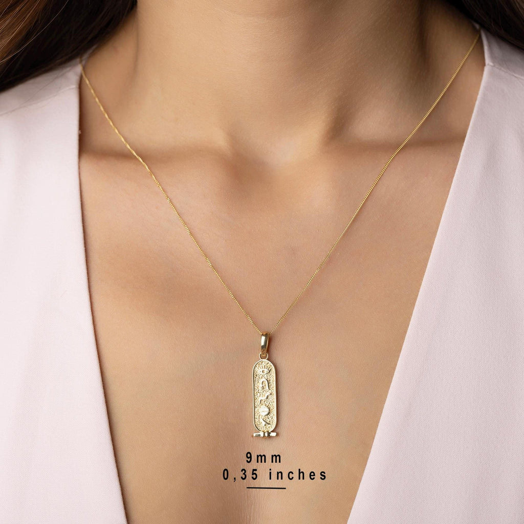 14K Solid Gold Egyptian Cartouche Necklace - Ancient Symbol Pendant