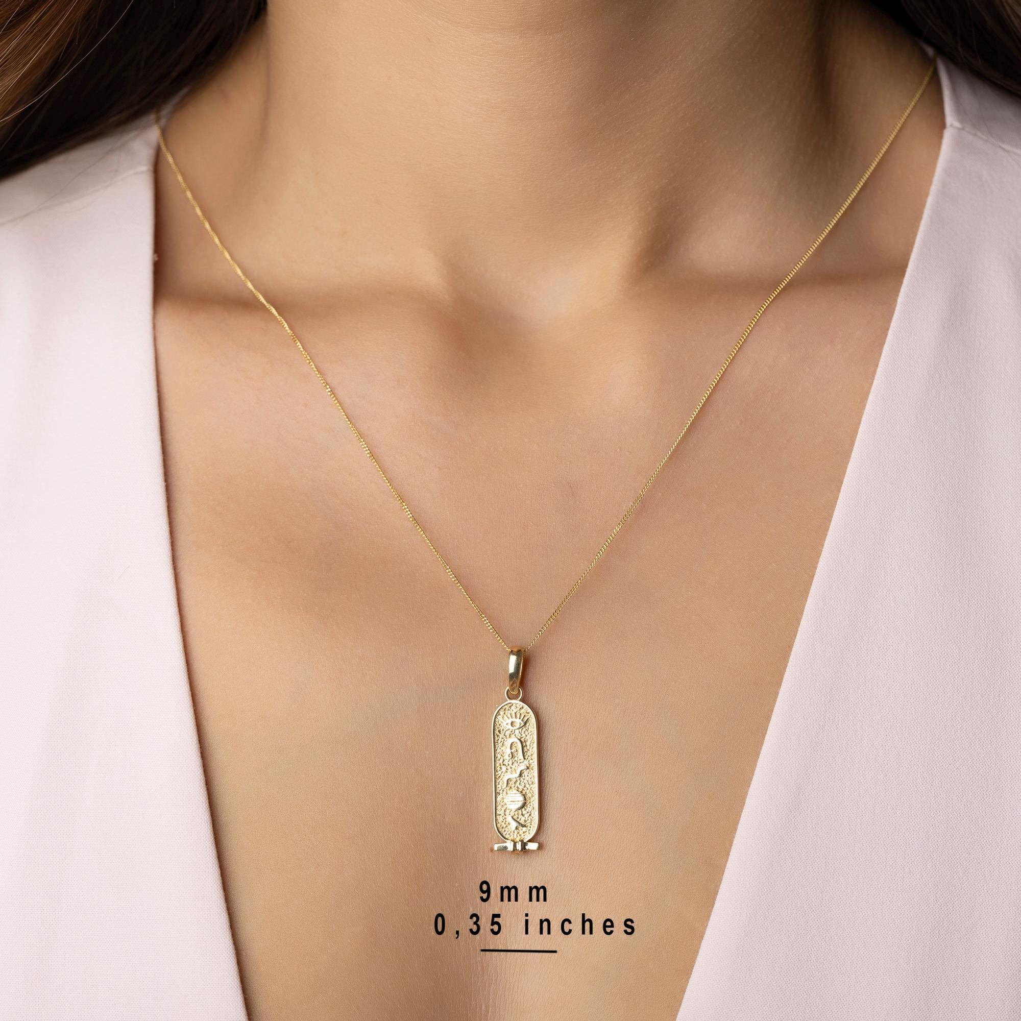14K Solid Gold Egyptian Cartouche Necklace - Ancient Symbol Pendant