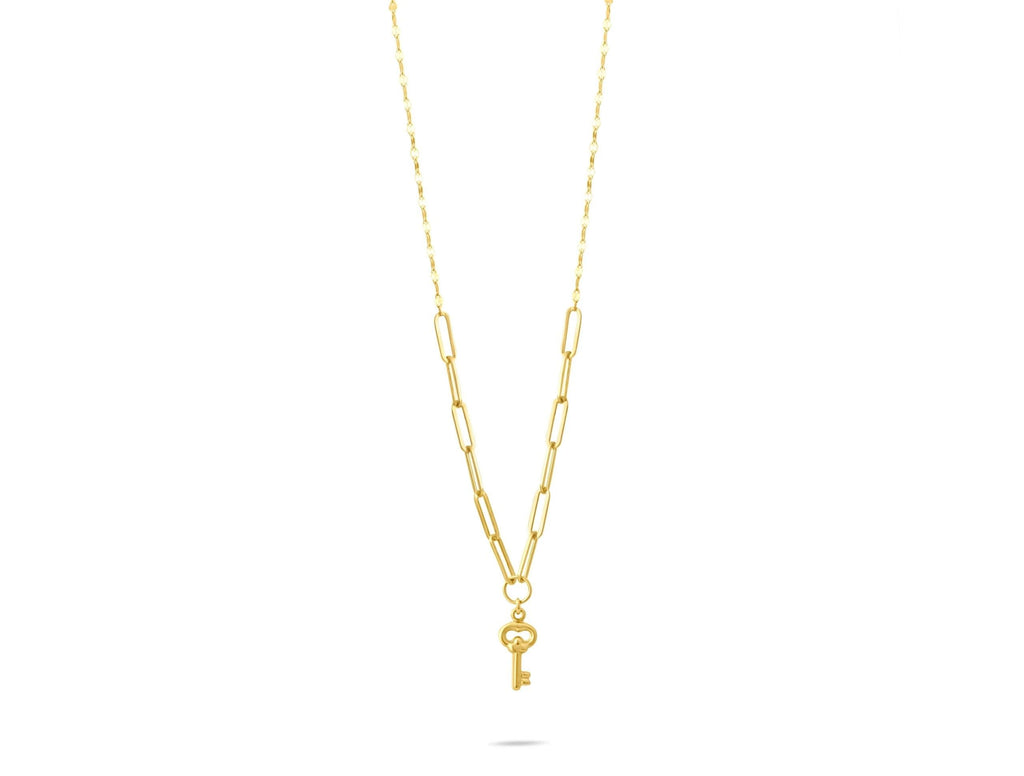 14K Solid Gold Key Pendant Necklace - Paperclip Chain Gold Necklace