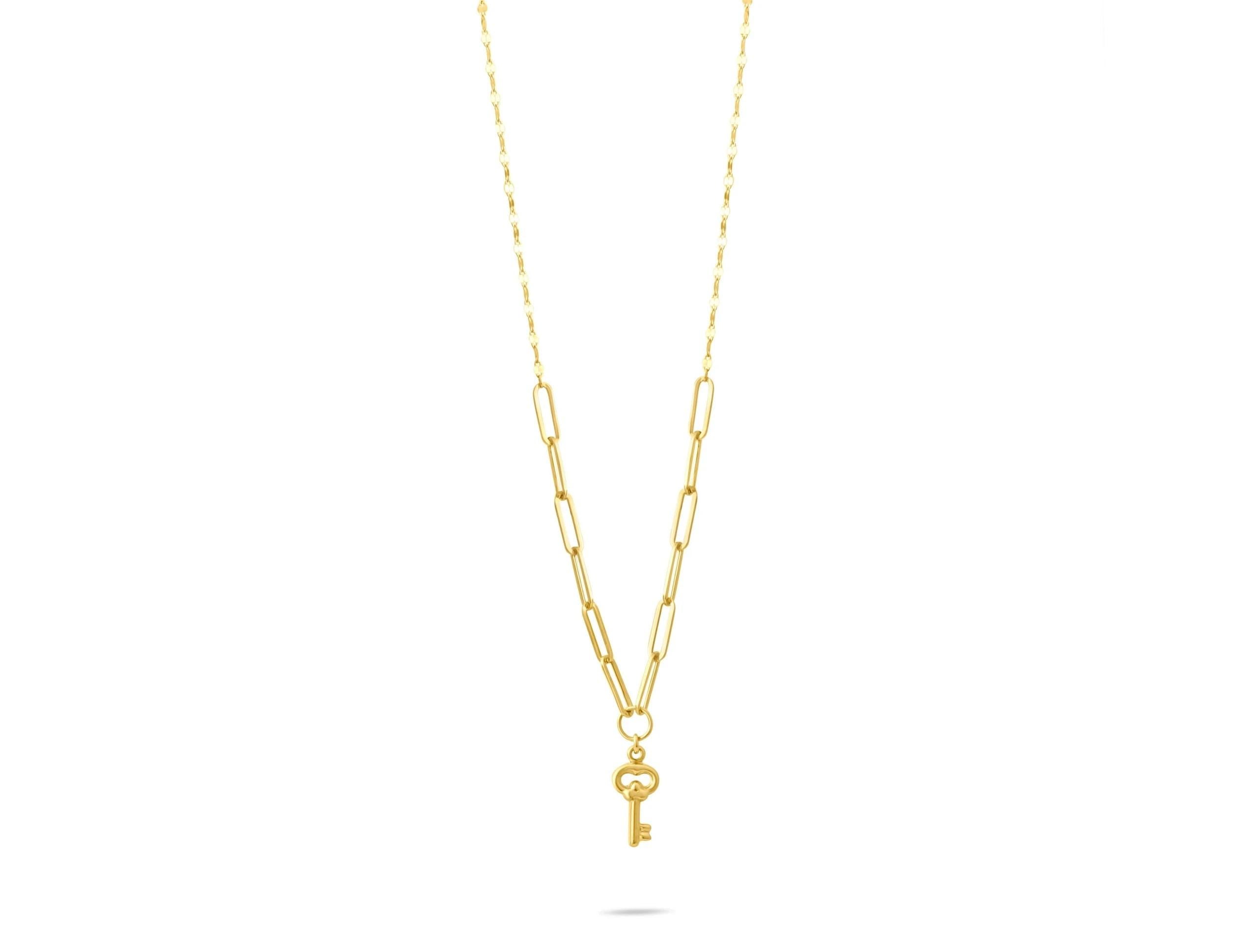 14K Solid Gold Key Pendant Necklace - Paperclip Chain Gold Necklace