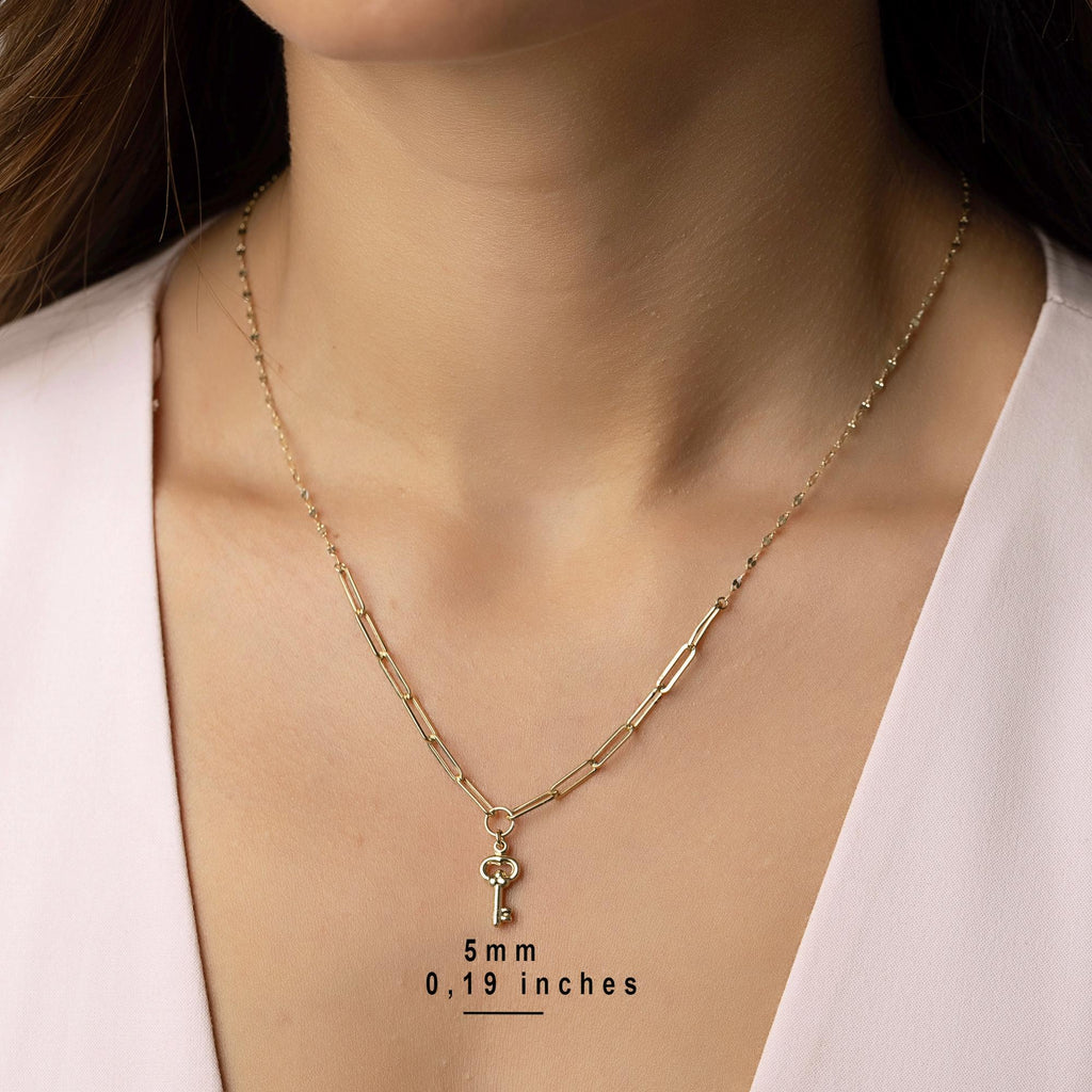 14K Solid Gold Key Pendant Necklace - Paperclip Chain Gold Necklace