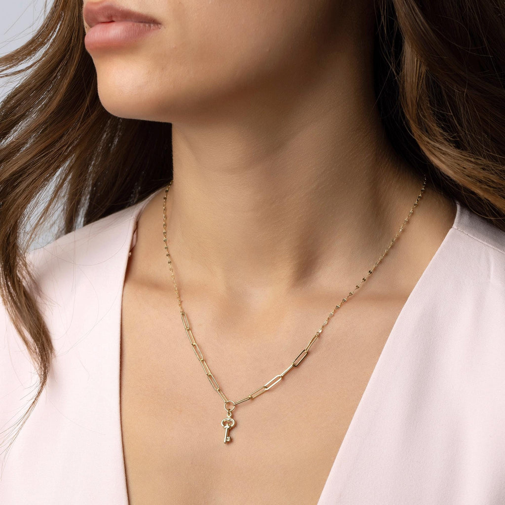 14K Solid Gold Key Pendant Necklace - Paperclip Chain Gold Necklace