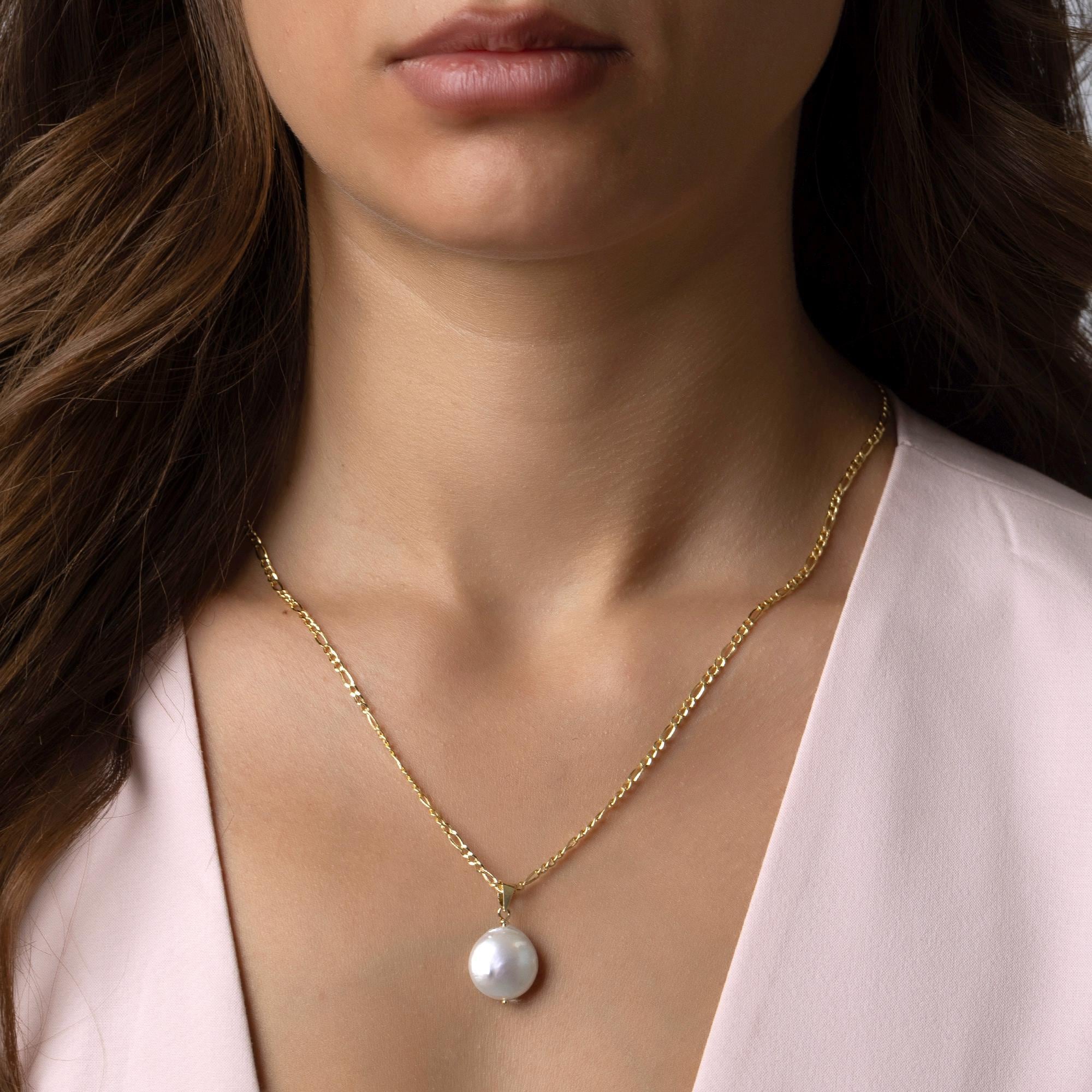 14K Solid Gold Pearl Necklace - Real Baroque Pearl Pendant