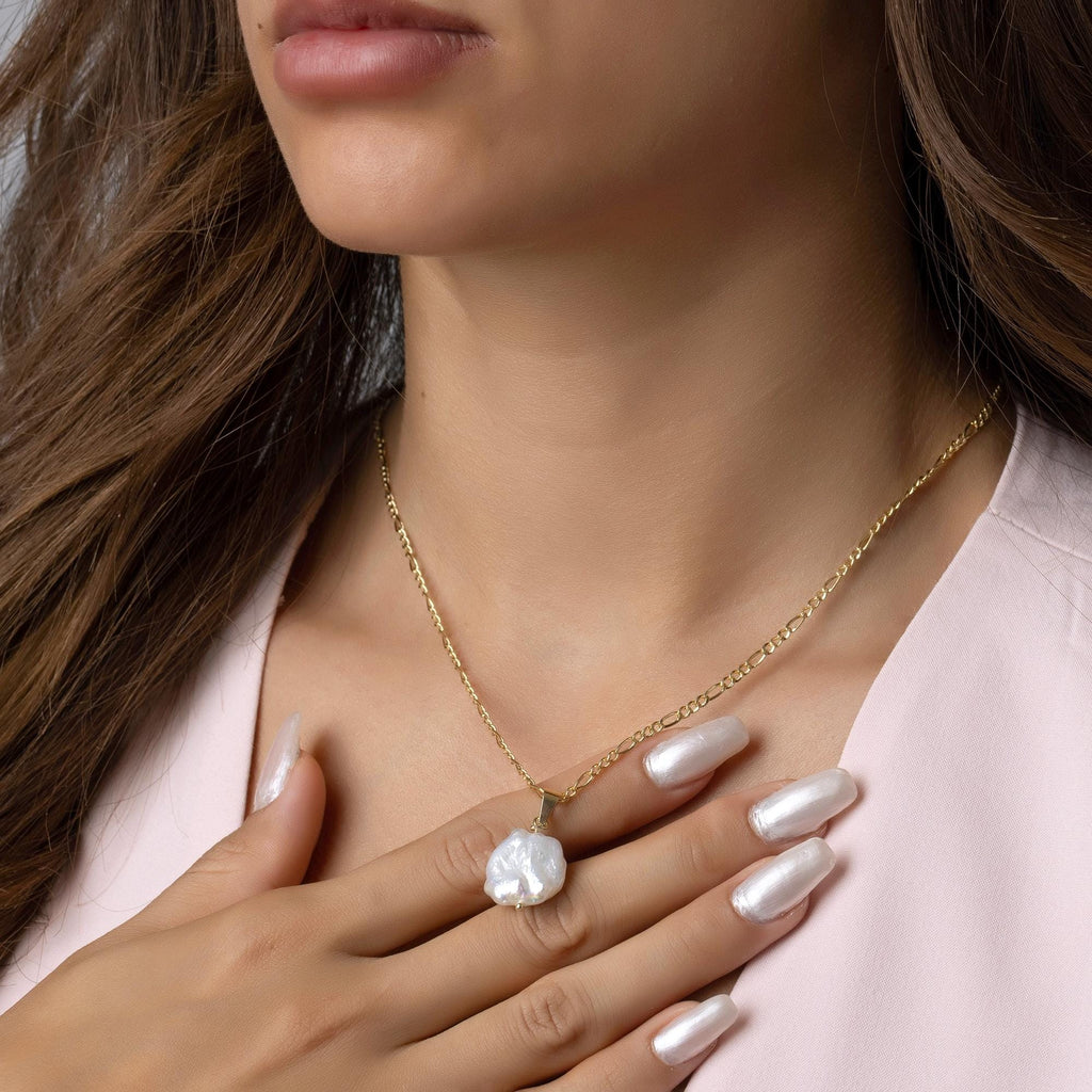 14K Solid Gold Baroque Pearl Necklace - Real Natural Pearl Pendant