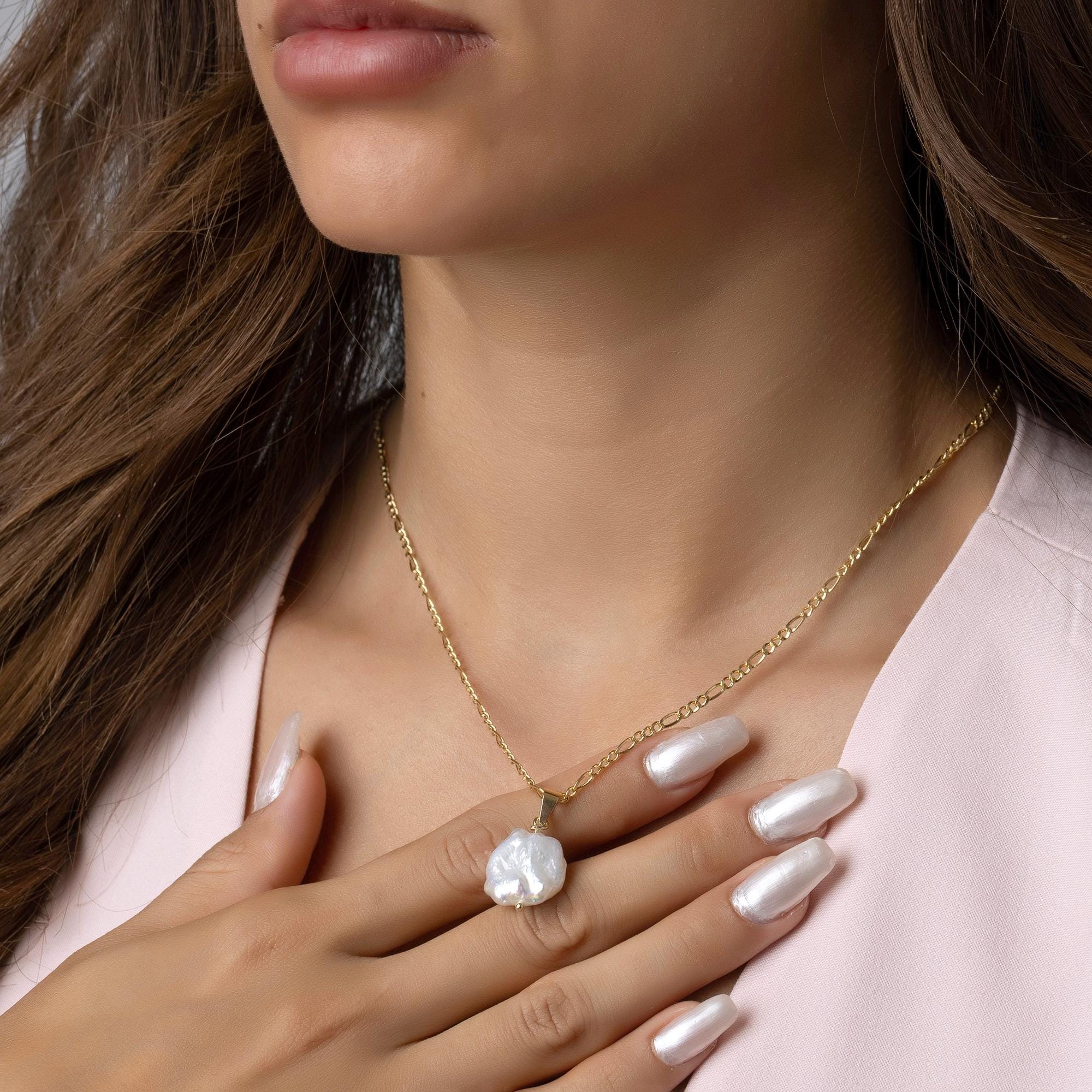 14K Solid Gold Baroque Pearl Necklace - Real Natural Pearl Pendant