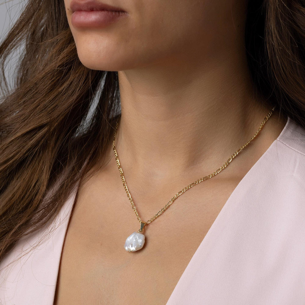 14K Solid Gold Baroque Pearl Necklace - Real Natural Pearl Pendant