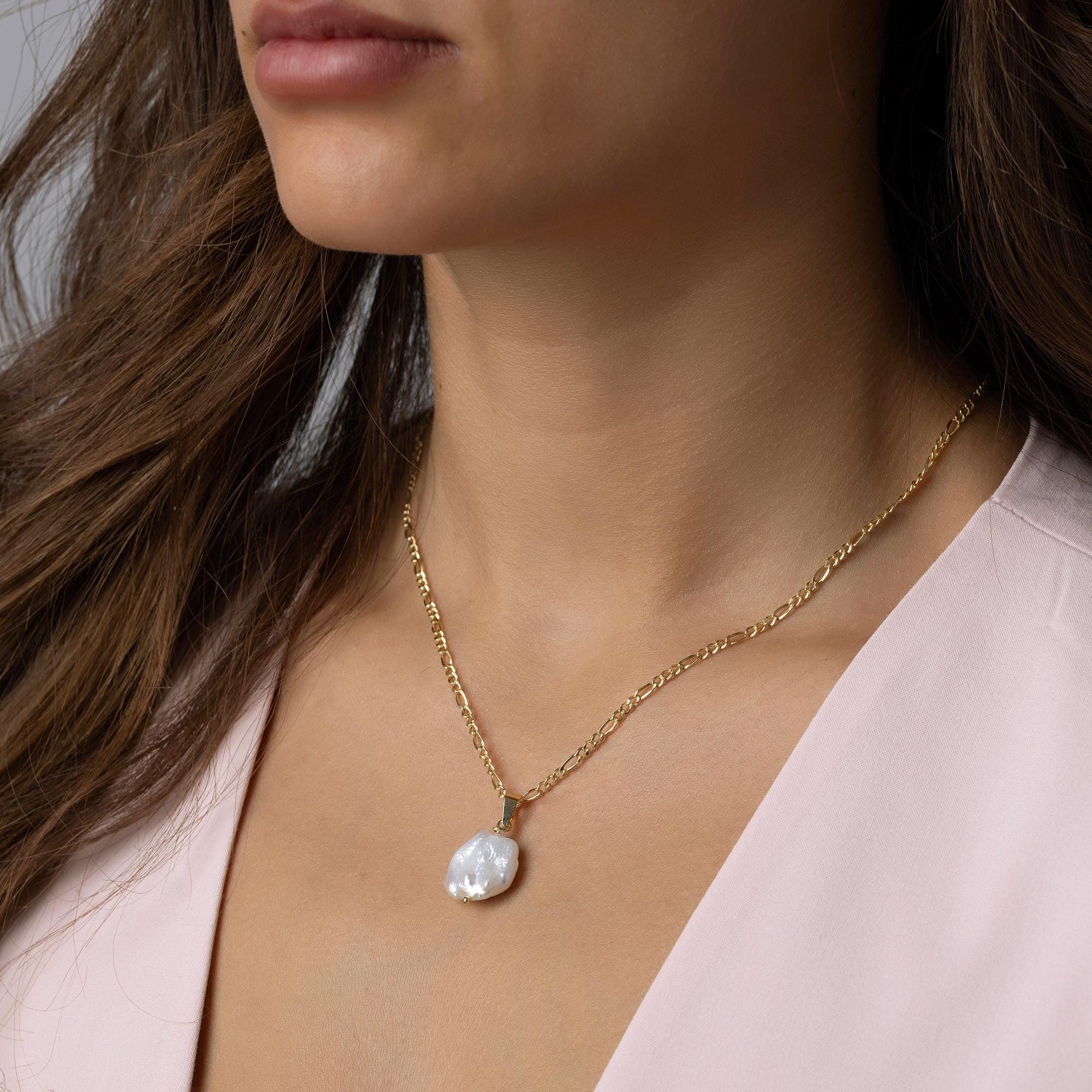 14K Solid Gold Baroque Pearl Necklace - Real Natural Pearl Pendant