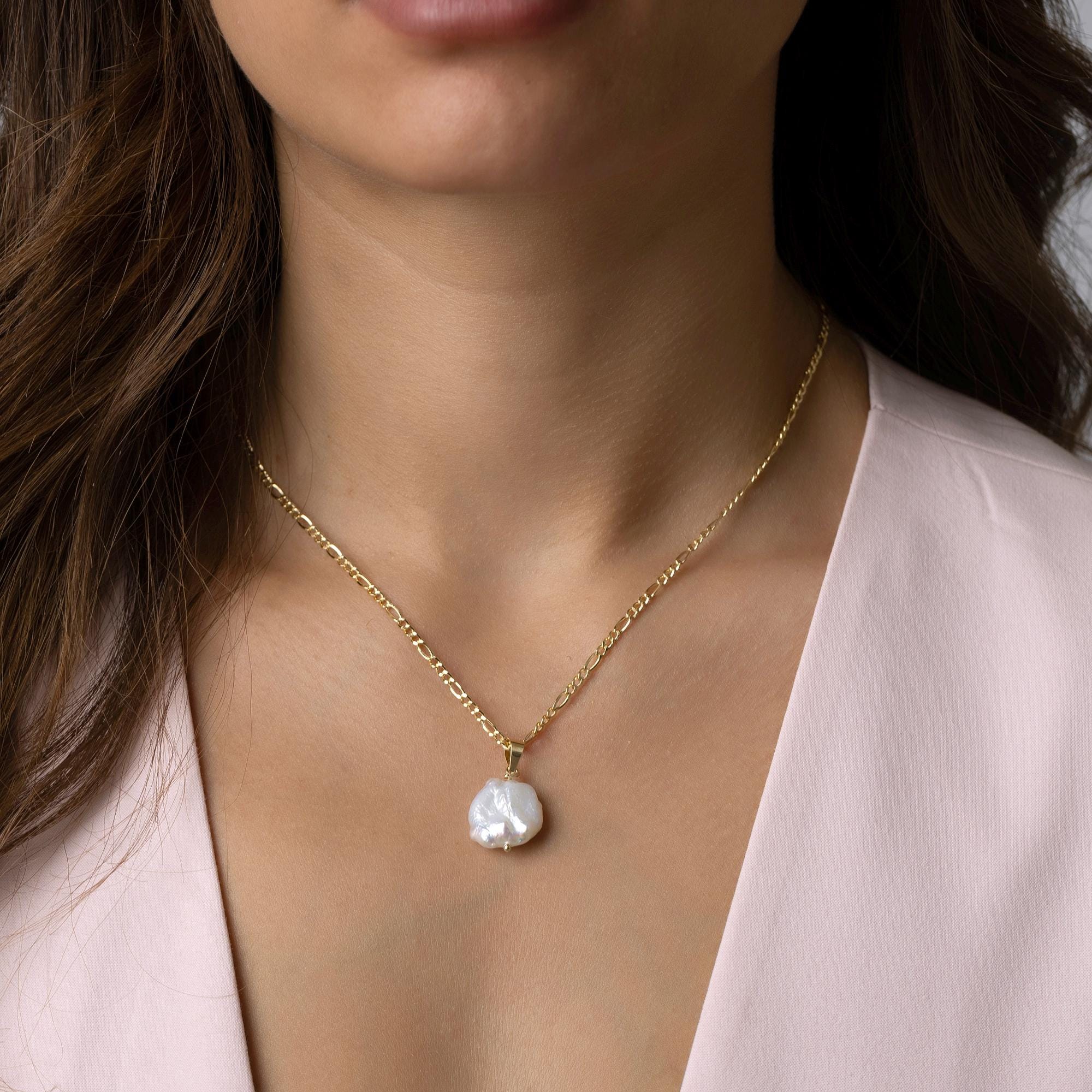 14K Solid Gold Baroque Pearl Necklace - Real Natural Pearl Pendant