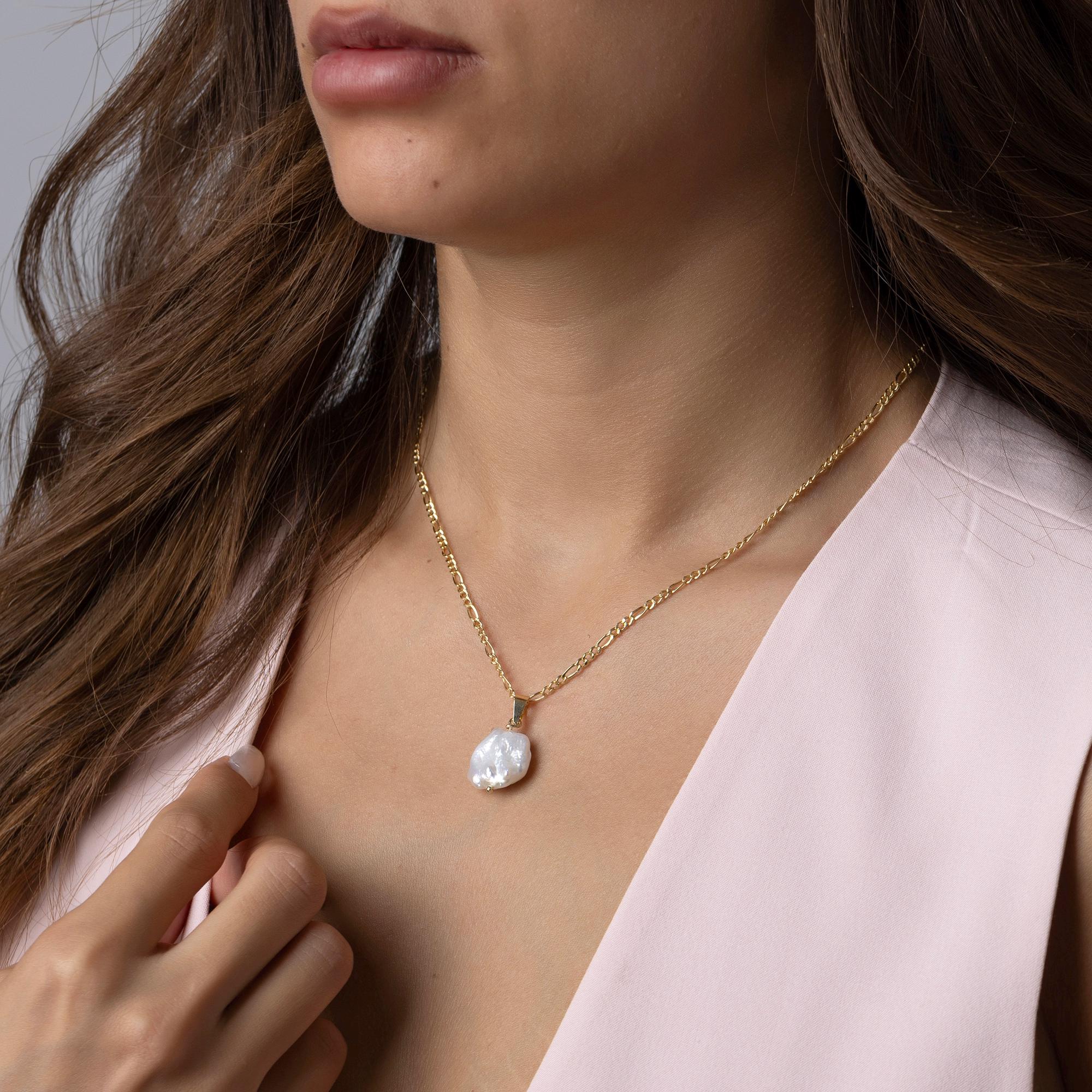 14K Solid Gold Baroque Pearl Necklace - Real Natural Pearl Pendant