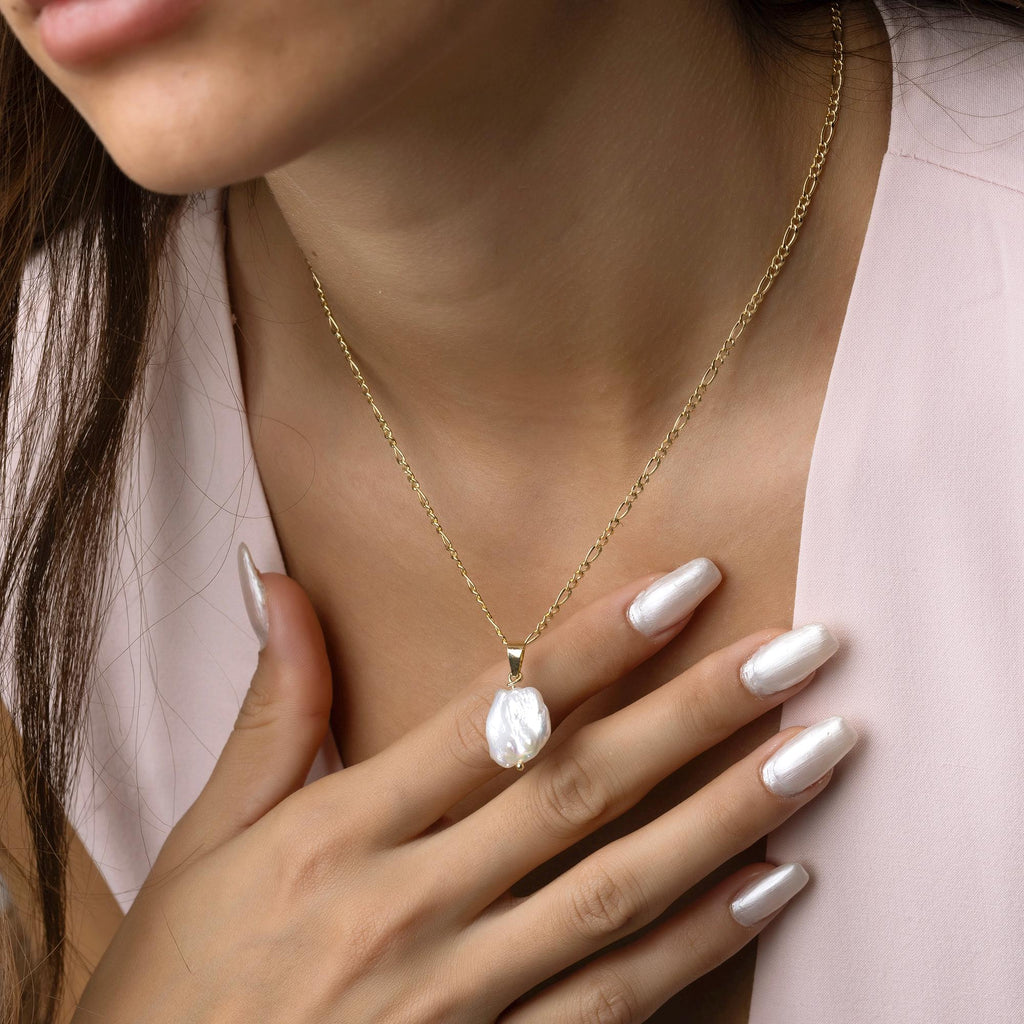 14K Solid Gold Baroque Pearl Necklace - Real Natural Pearl Pendant