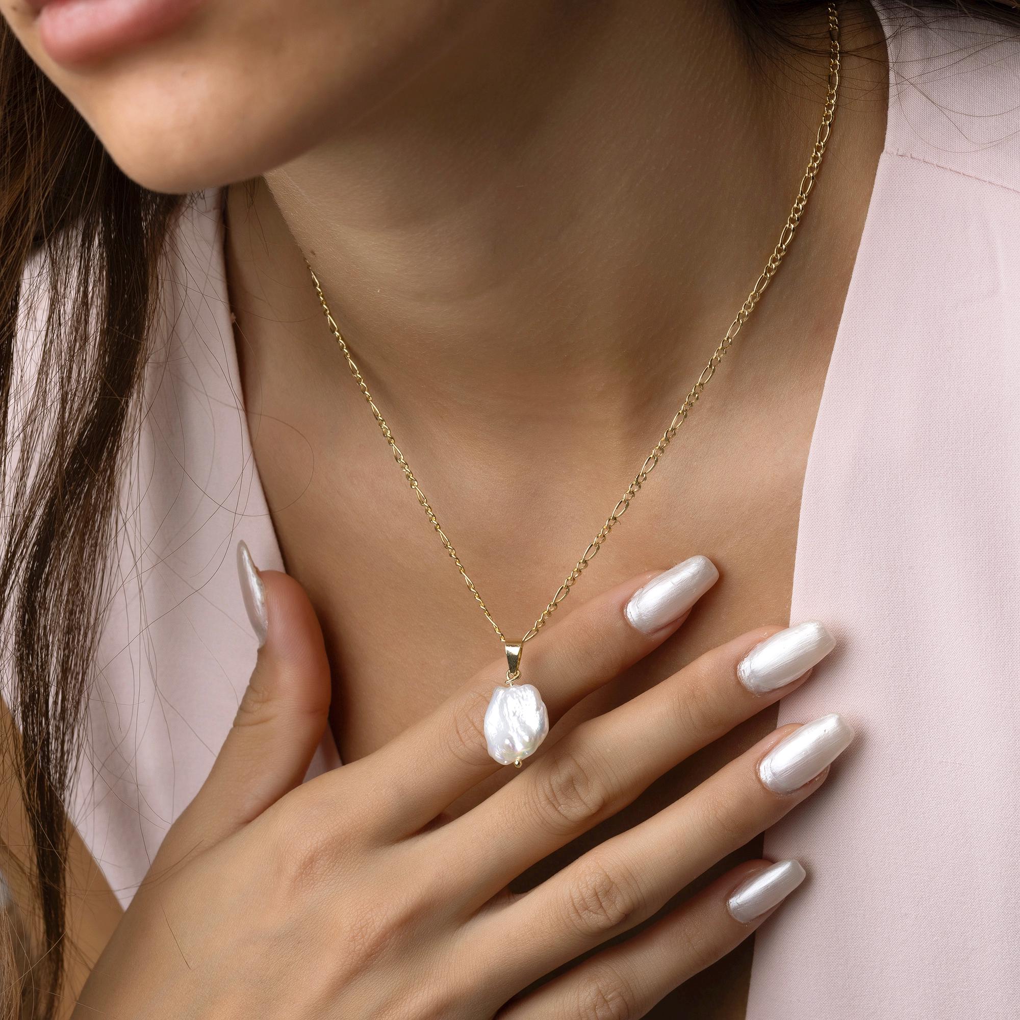 14K Solid Gold Baroque Pearl Necklace - Real Natural Pearl Pendant