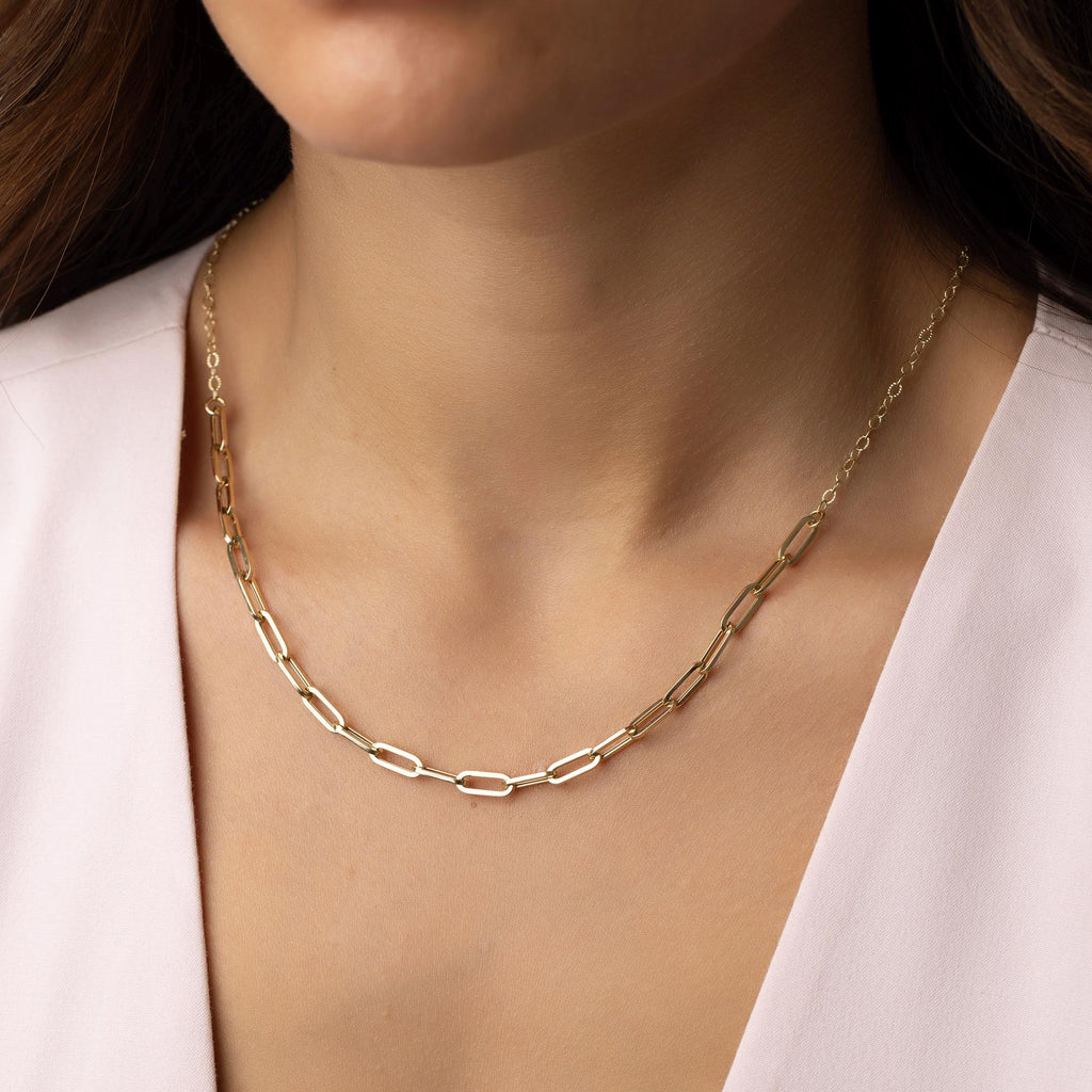 14K Solid Gold Paperclip Chain Necklace - Real Gold Chunky Chain for Women