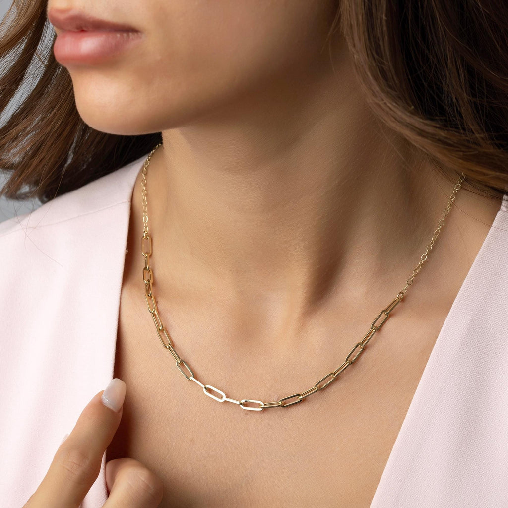 14K Solid Gold Paperclip Chain Necklace - Real Gold Chunky Chain for Women