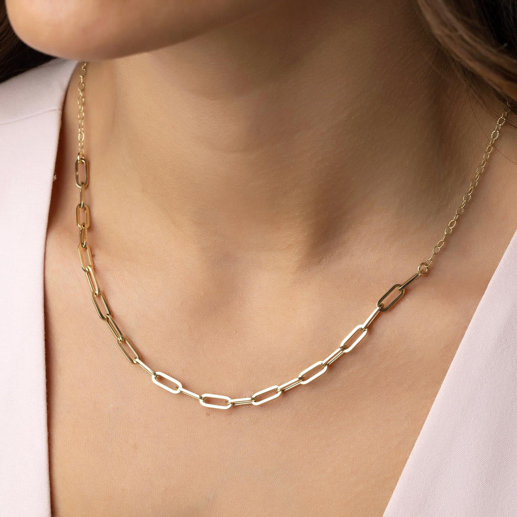 14K Solid Gold Paperclip Chain Necklace - Real Gold Chunky Chain for Women