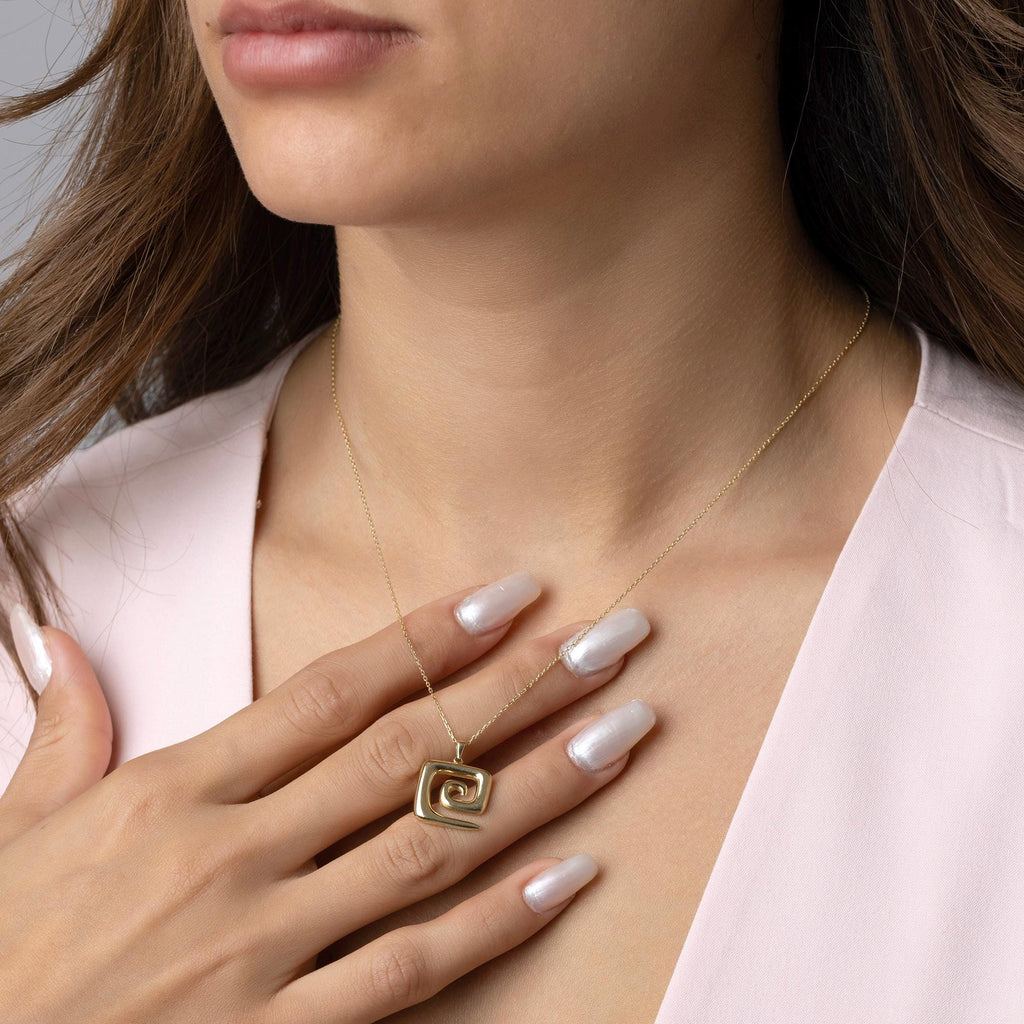 14K Solid Gold Spiral Necklace - Energy Symbol Pendant