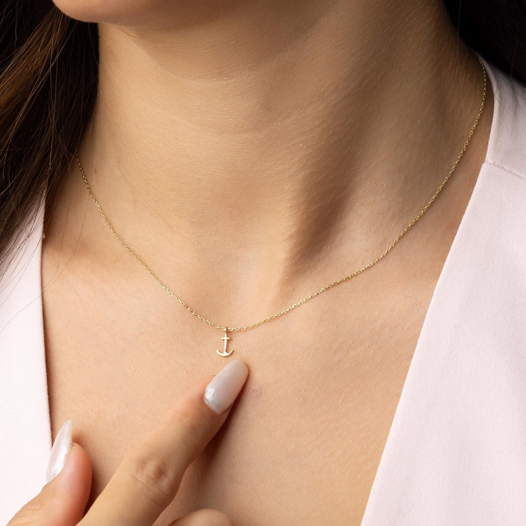 14K Solid Gold Anchor Necklace - Minimalist Nautical Pendant