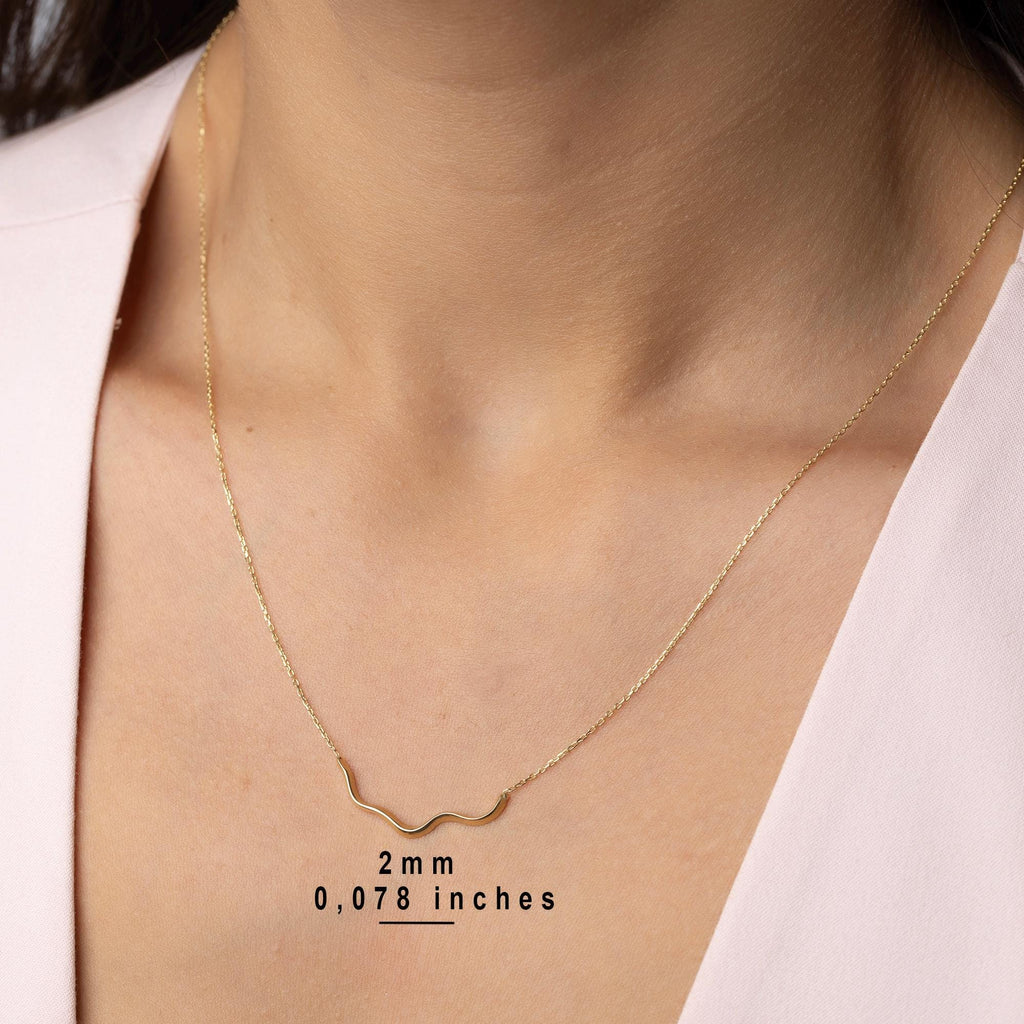 14K Solid Gold Wave Necklace - Minimalist Wavy Bar Pendant