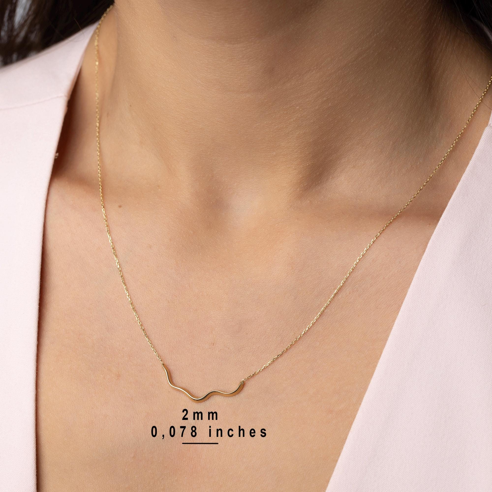 14K Solid Gold Wave Necklace - Minimalist Wavy Bar Pendant