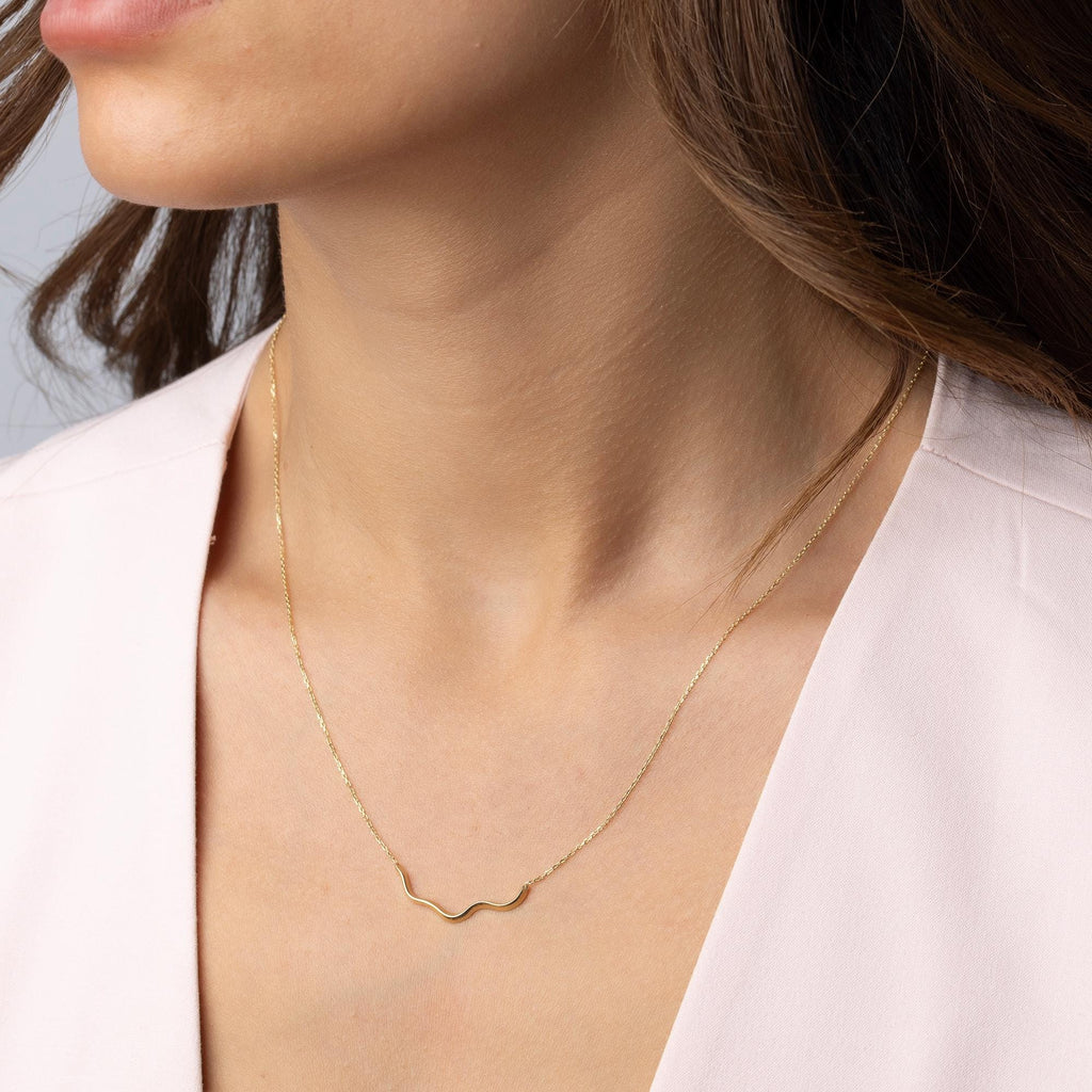 14K Solid Gold Wave Necklace - Minimalist Wavy Bar Pendant