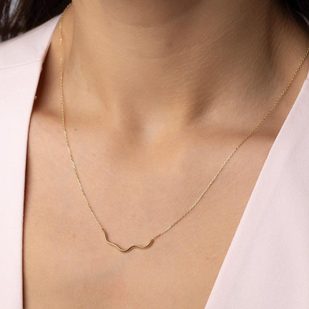 14K Solid Gold Wave Necklace - Minimalist Wavy Bar Pendant