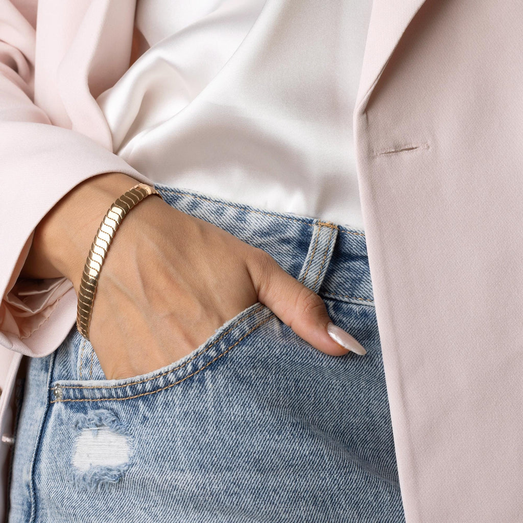 14K Solid Gold Wide Link Bracelet – Handmade Flat Chain Jewelry