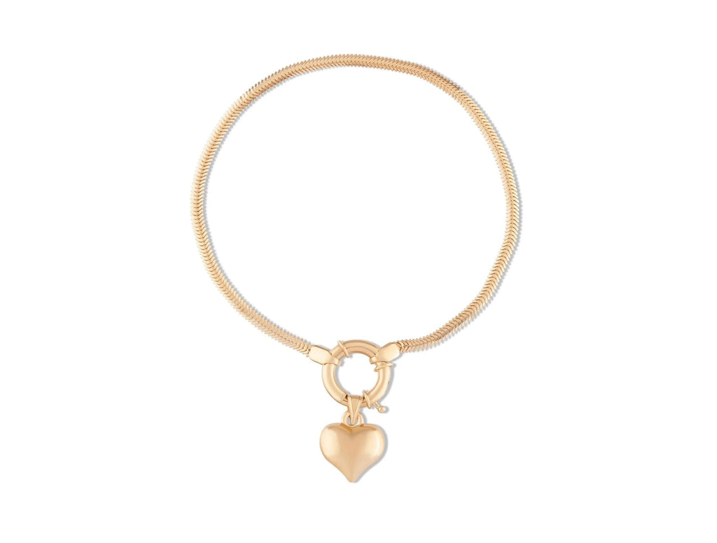 14K Solid Gold Heart Charm Bracelet – 10mm Heart on Snake Chain