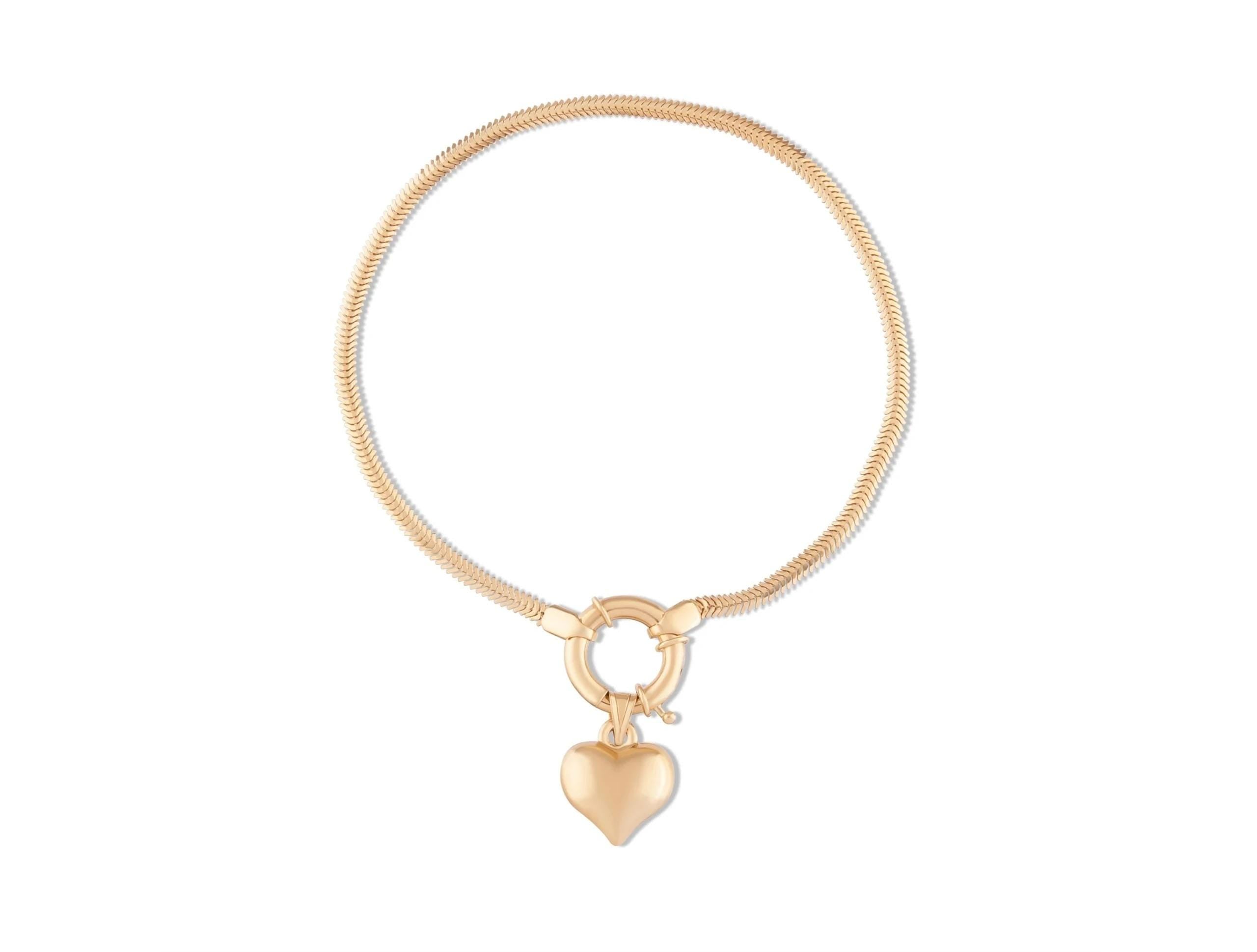 14K Solid Gold Heart Charm Bracelet – 10mm Heart on Snake Chain
