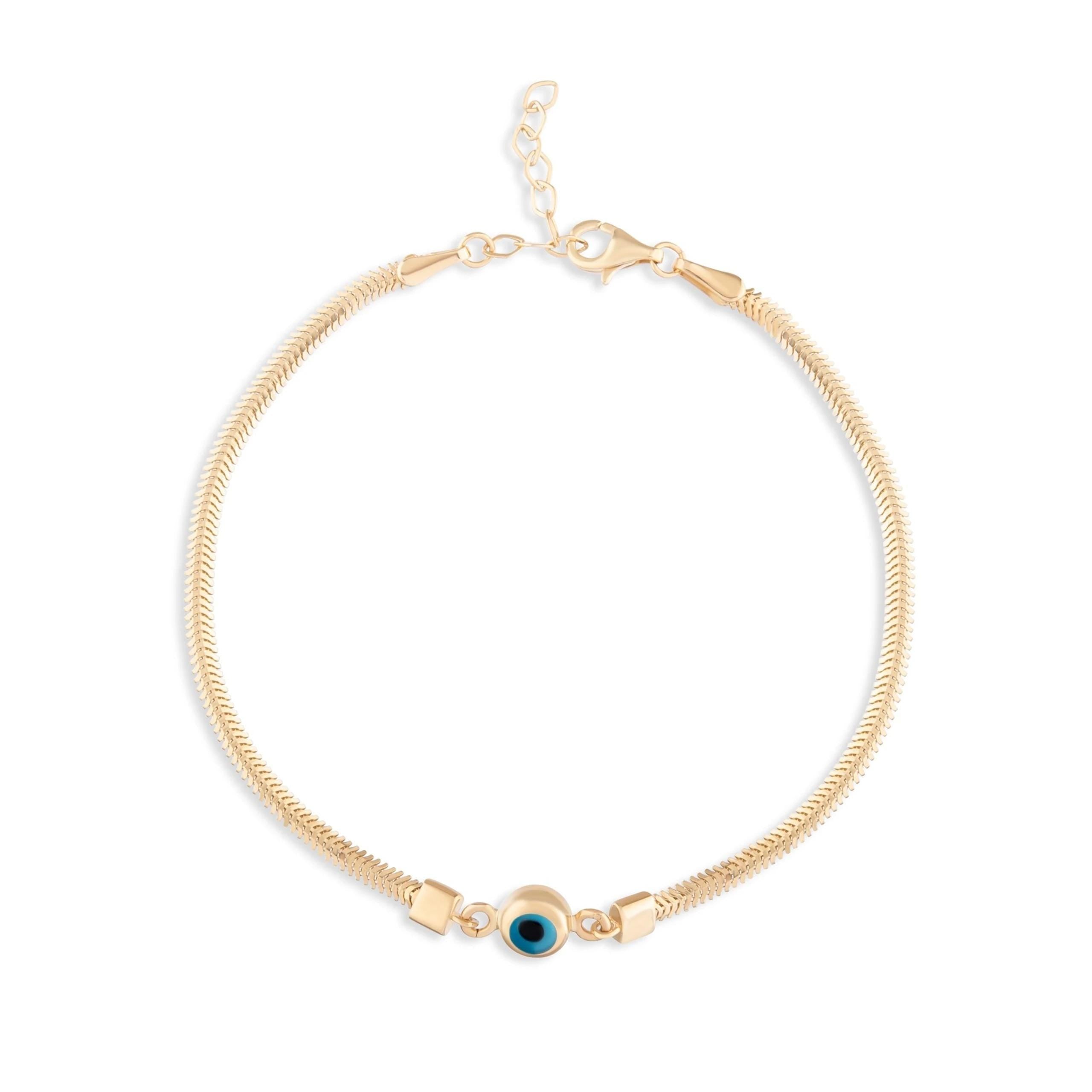 14K Solid Gold Evil Eye Bracelet - Blue Enamel Eye Charm Bracelet