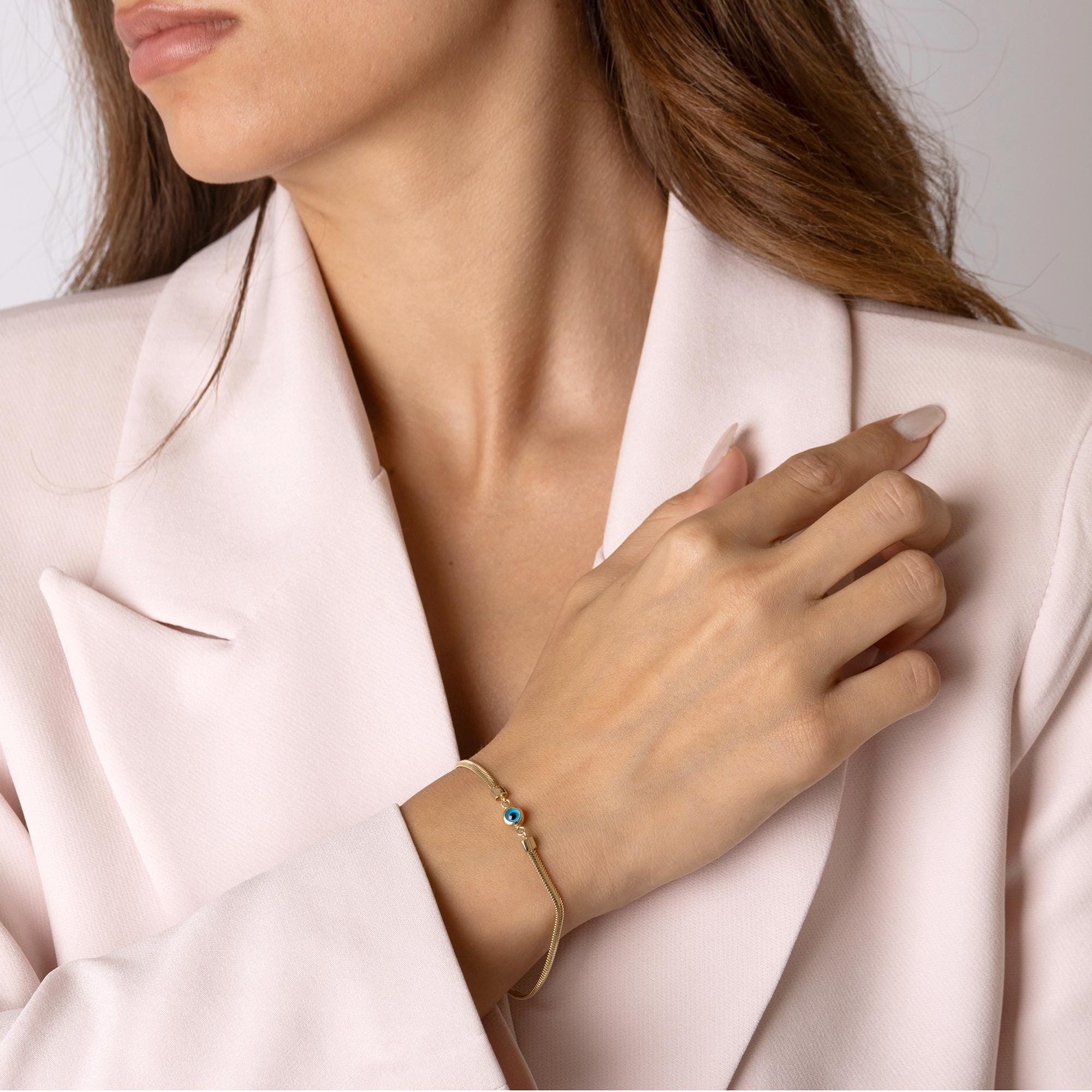 14K Solid Gold Evil Eye Bracelet - Blue Enamel Eye Charm Bracelet