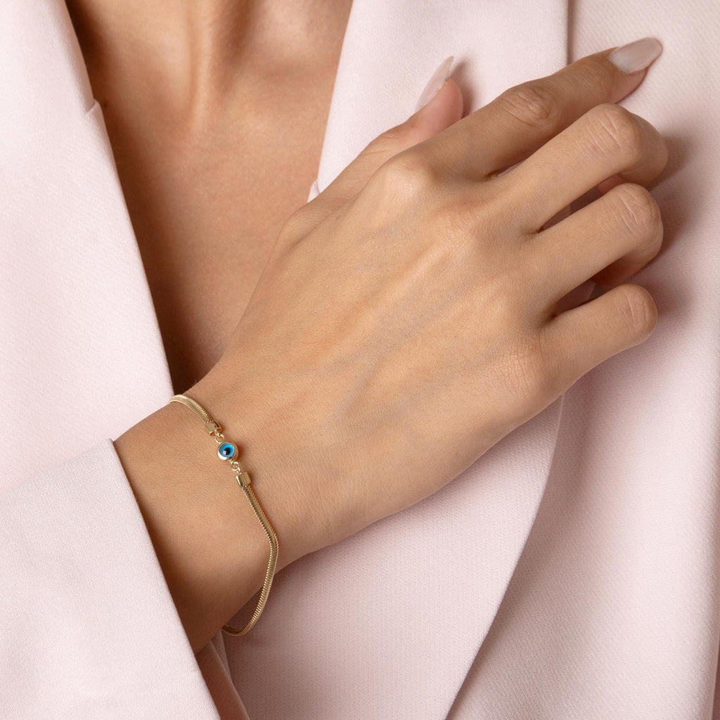 14K Solid Gold Evil Eye Bracelet - Blue Enamel Eye Charm Bracelet