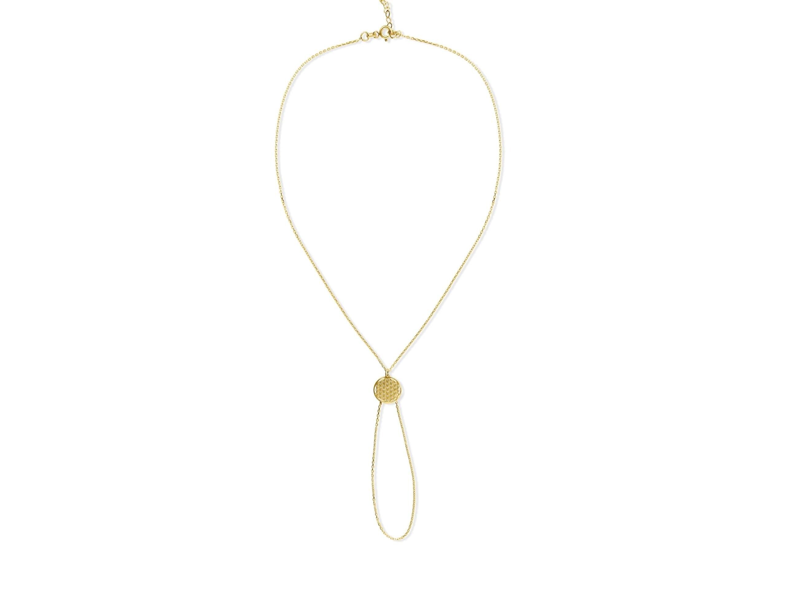 14K Solid Gold Hand Chain Bracelet - Real Gold Round Coin Charm