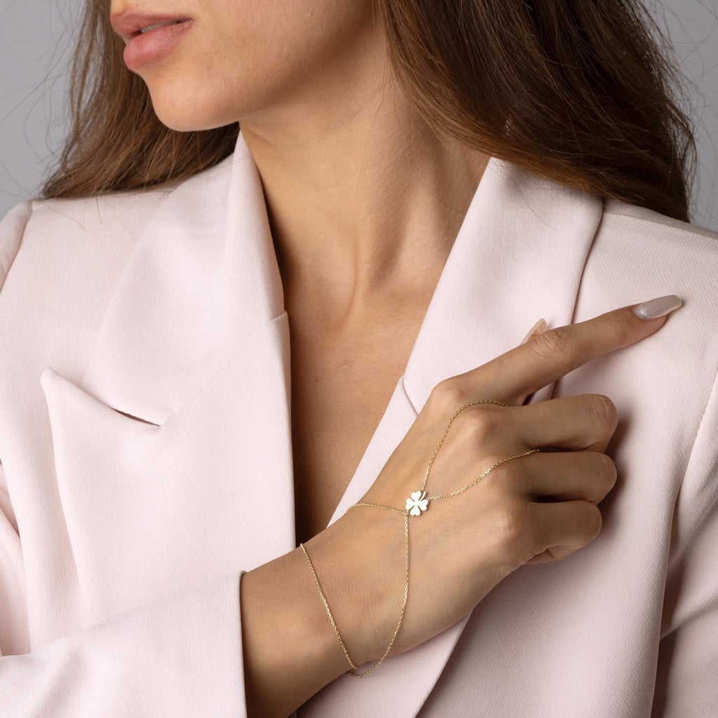 14K Solid Gold Hand Chain Bracelet - Real Gold Clover Charm Jewelry