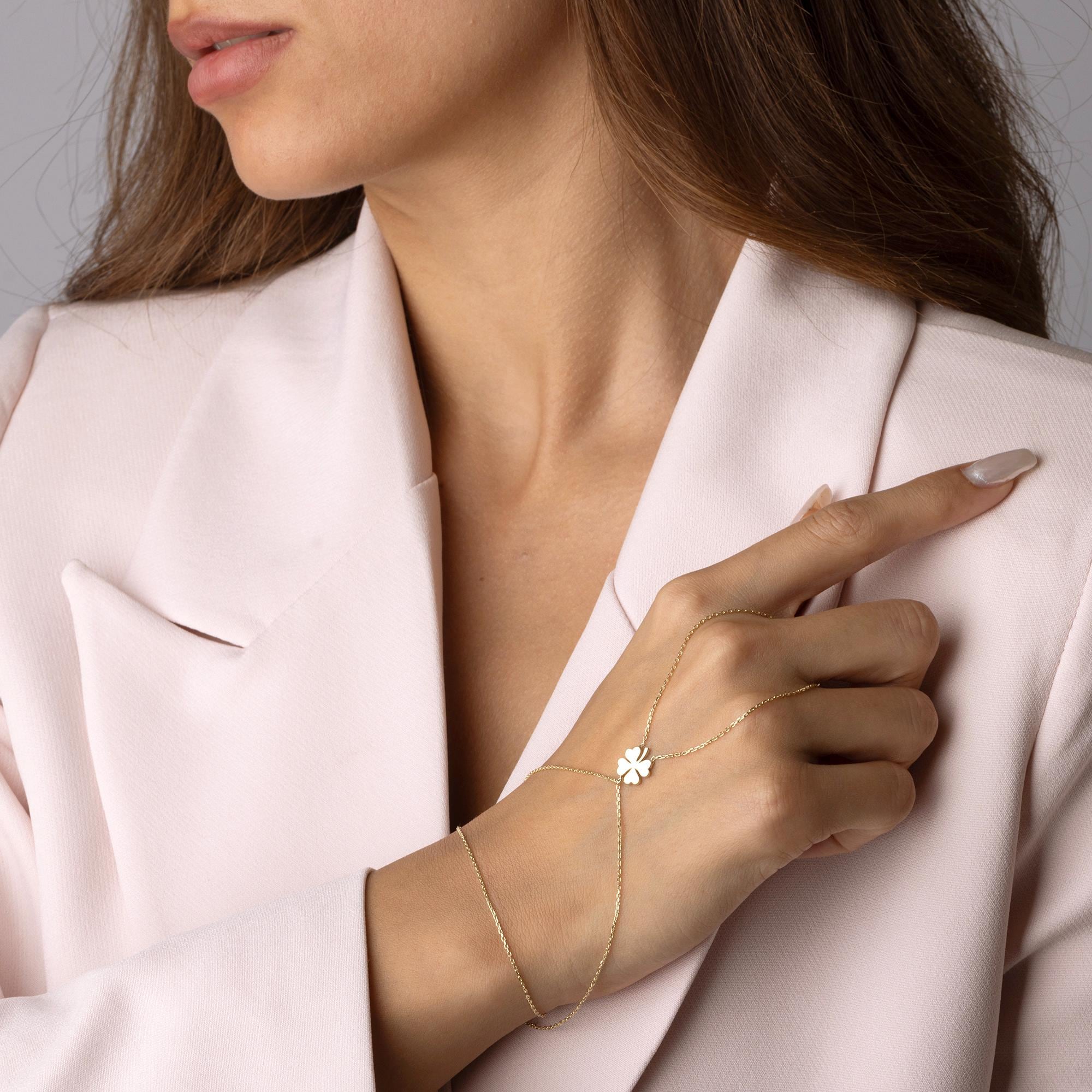 14K Solid Gold Hand Chain Bracelet - Real Gold Clover Charm Jewelry