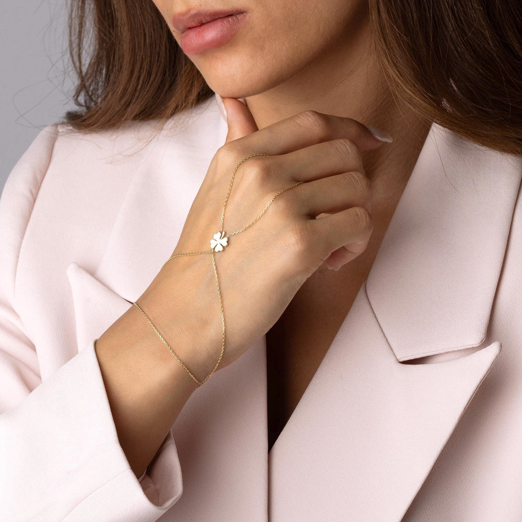 14K Solid Gold Hand Chain Bracelet - Real Gold Clover Charm Jewelry