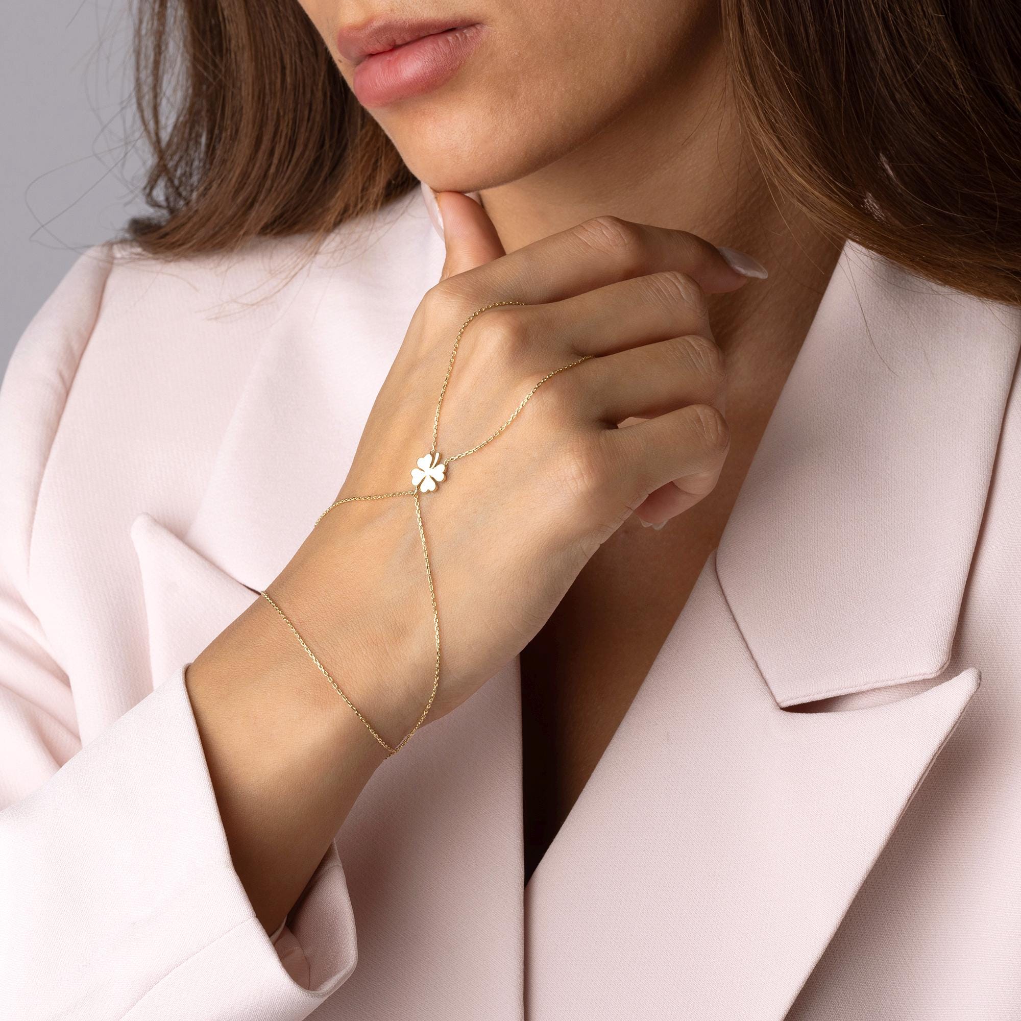14K Solid Gold Hand Chain Bracelet - Real Gold Clover Charm Jewelry