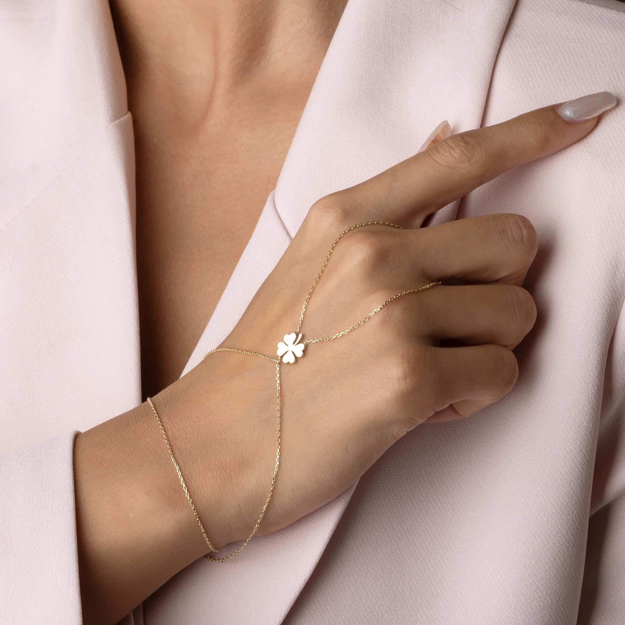 14K Solid Gold Hand Chain Bracelet - Real Gold Clover Charm Jewelry