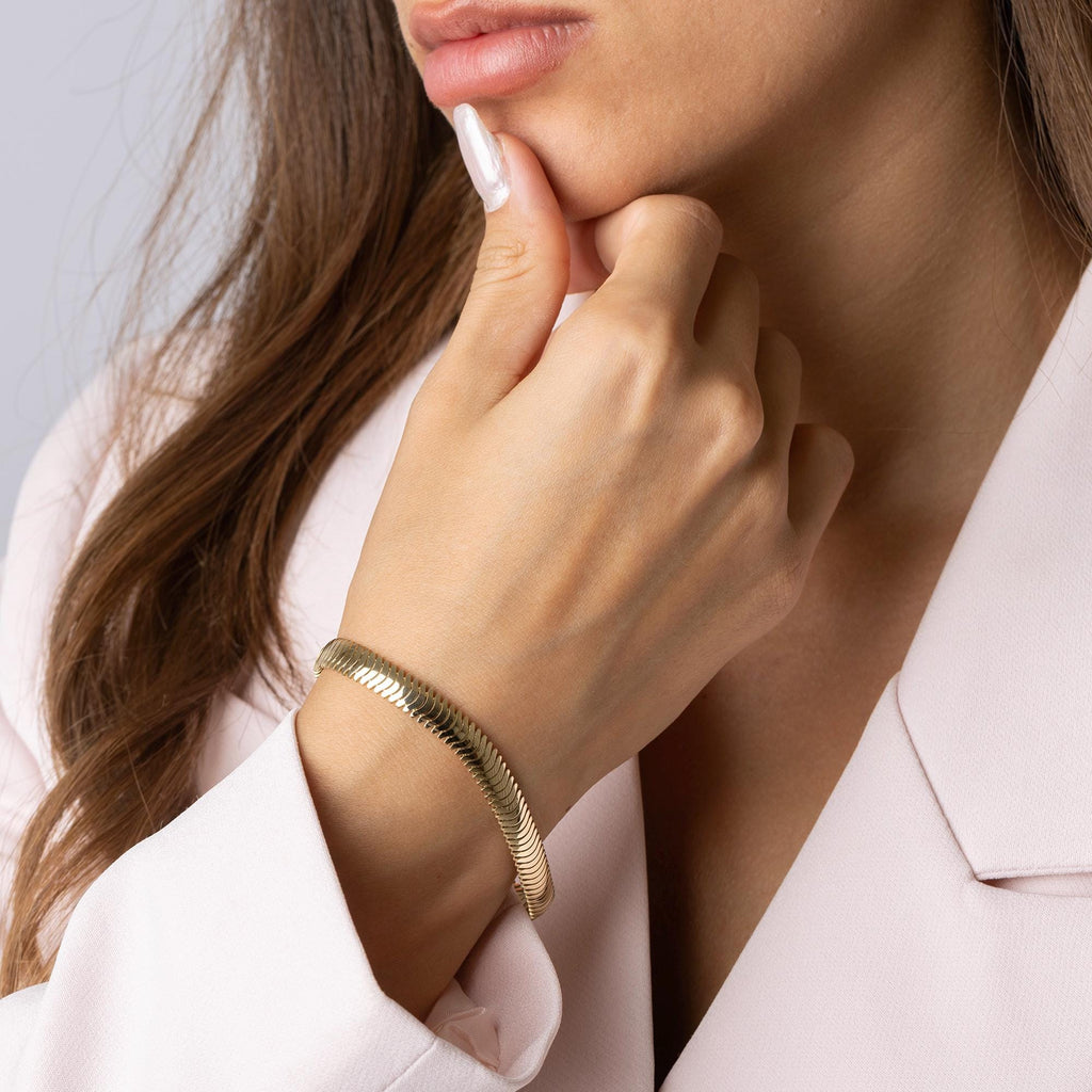 14K Solid Gold Herringbone Bracelet - Real Gold Flat Chain Bracelet