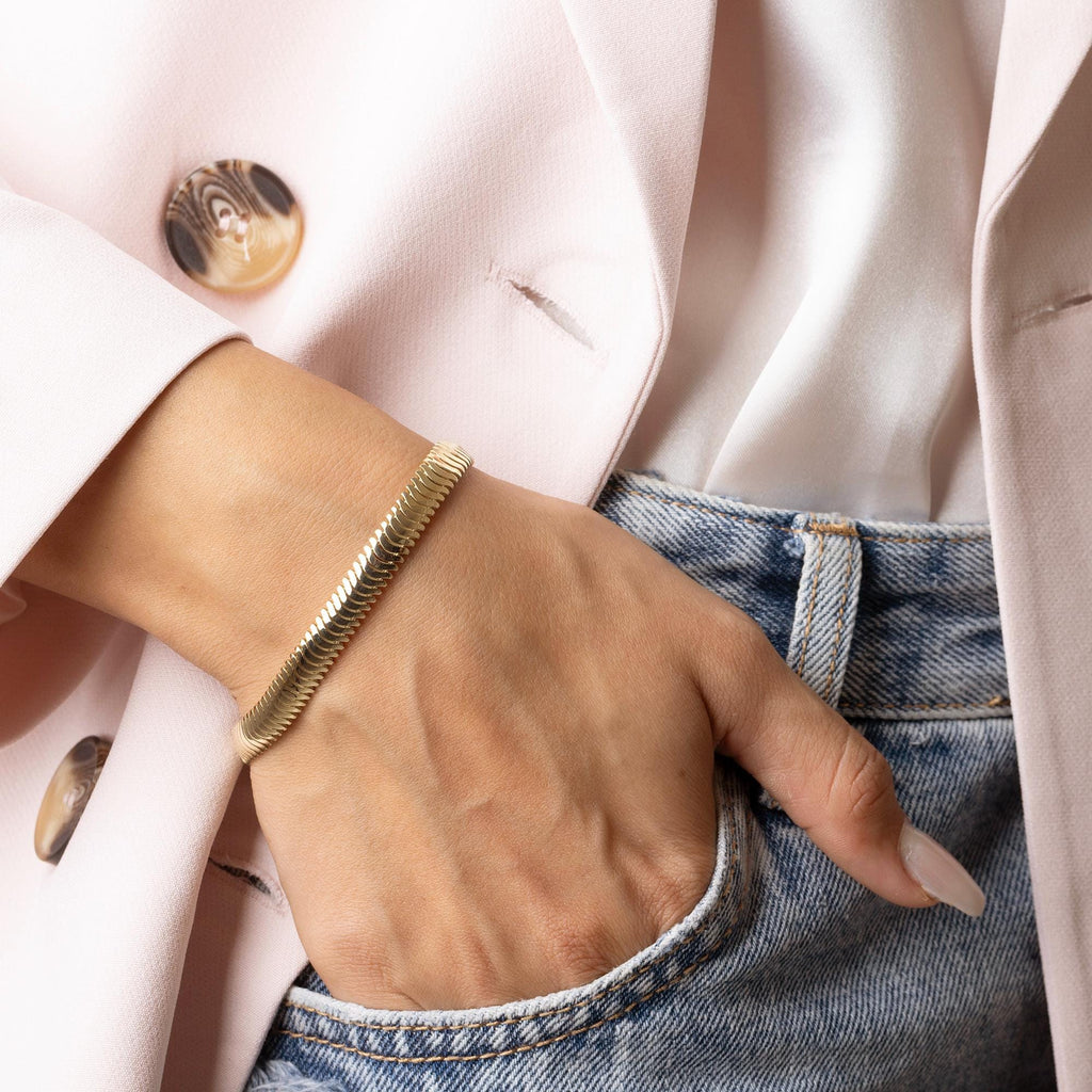 14K Solid Gold Herringbone Bracelet - Real Gold Flat Chain Bracelet