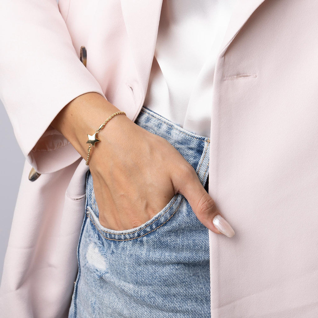 14K Solid Gold Star Bracelet - Dainty Real Gold Jewelry for Women