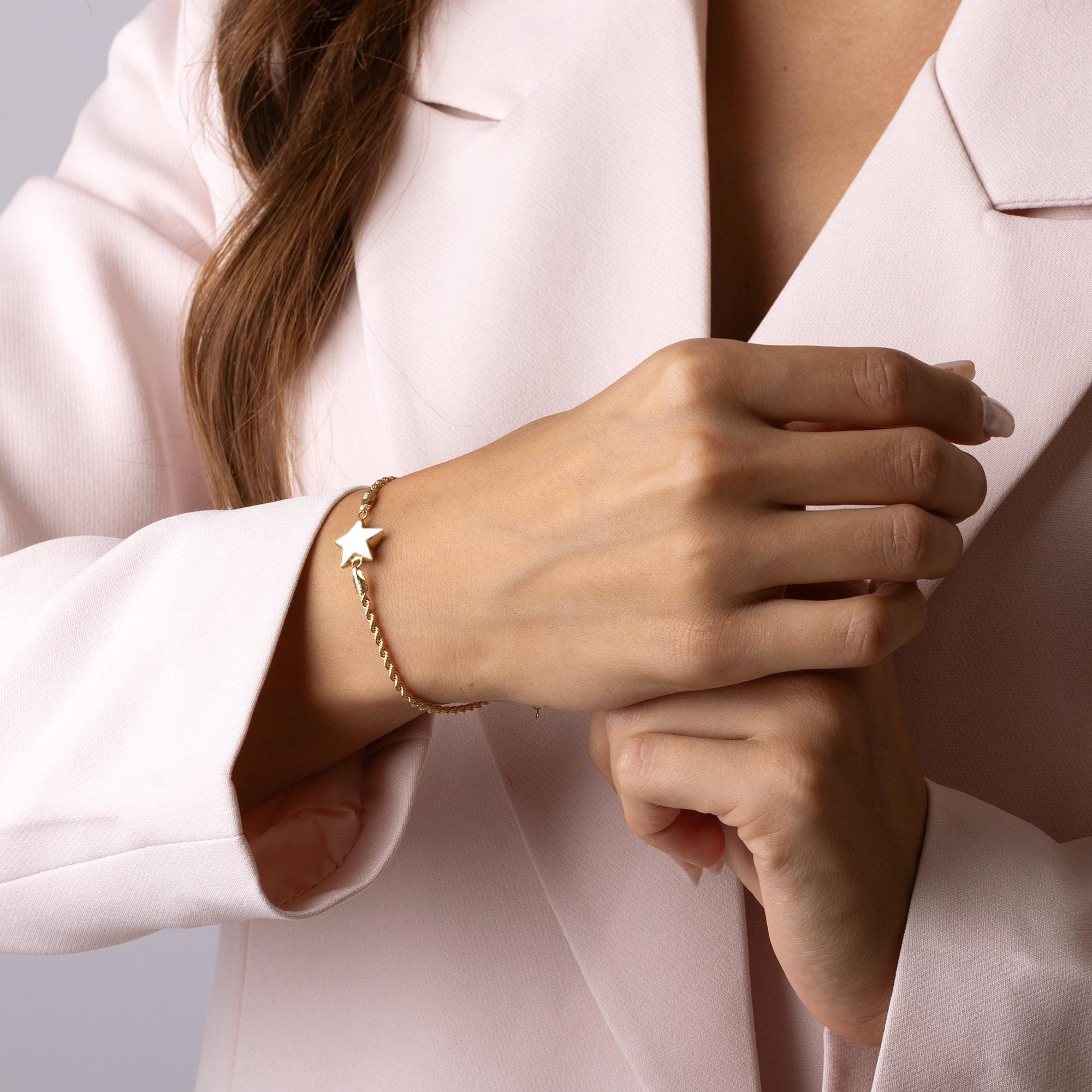 14K Solid Gold Star Bracelet - Dainty Real Gold Jewelry for Women