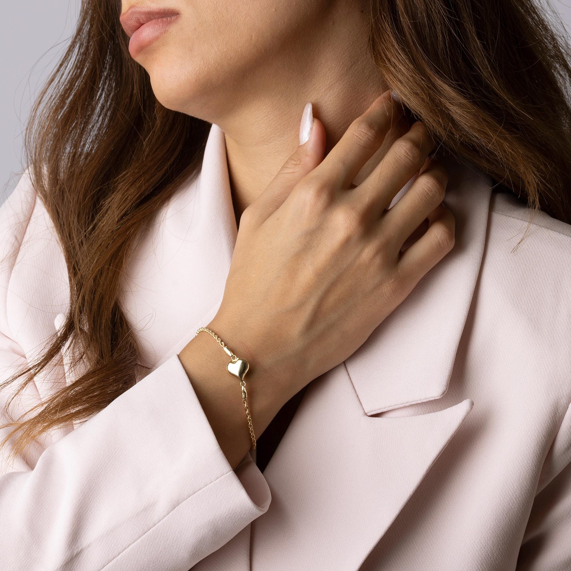 14K Solid Gold Heart Bracelet - Real Gold Dainty Chain Jewelry