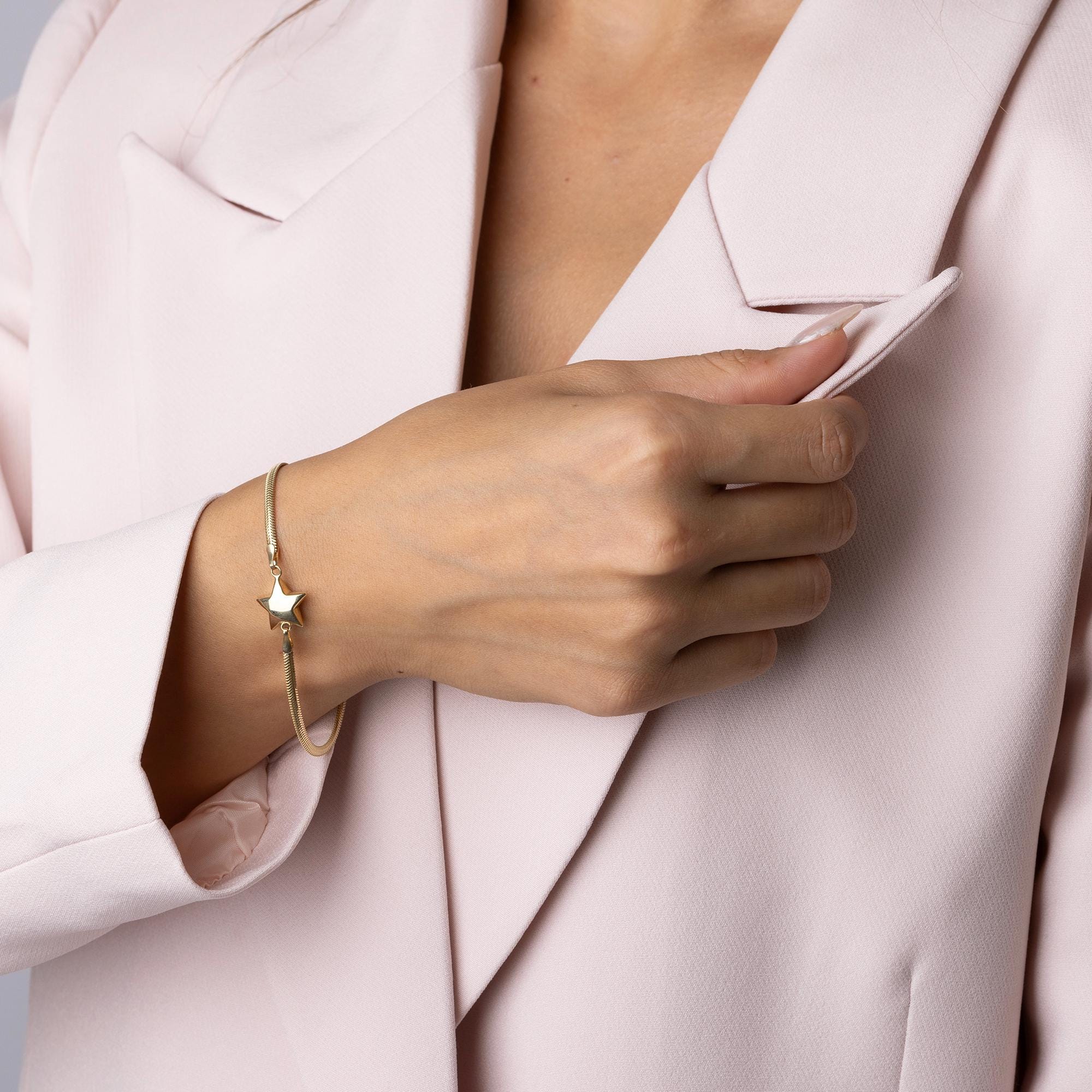 14K Solid Gold Star Bracelet - Real Gold Charm Jewelry